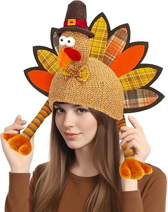 Hikkcos Plush Turkey Hat Funny Turkey Headwear Costume Hat for Thanksgiving Turkey Trot Run Hat Dress Up Cosplay