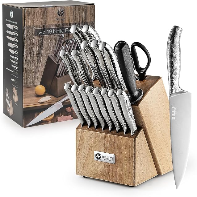 Ensemble de couteaux, 18 Pièces Kitchen Knife Set avec bloc rasoir-sharp bloc Known Set lave-vaisselle Cnife Block Set avec ciseaux Aiguillage acier