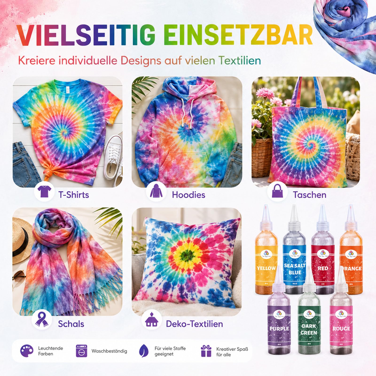 Batikfarben Set 7 Farben, Waschbare Textilfarbe für Kinder, Batikfarben Set Waschfest, Färbemittel für Textilien, Tie Dye Kit, Batik für T-Shirts, Stoffbeutel, DIY Kleidung, Stoffmalfarben