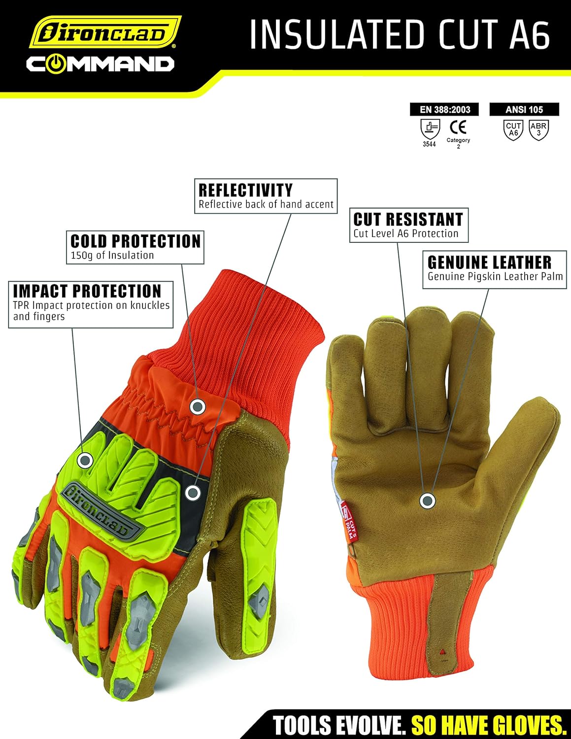 Ironclad Insulated Leather Cut A6; Winter Work Gloves, TPR Impact Protection, Machine Washable, High-Visibilty, (1 Pair), IEX-HVIP5-04-L - Image 5