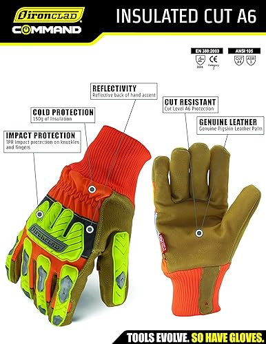 Miniatura 5 de Ironclad Guantes de trabajo de cuero de impacto aislados para invierno, resistentes a los cortes protección contra impactos, lavable a máquina,