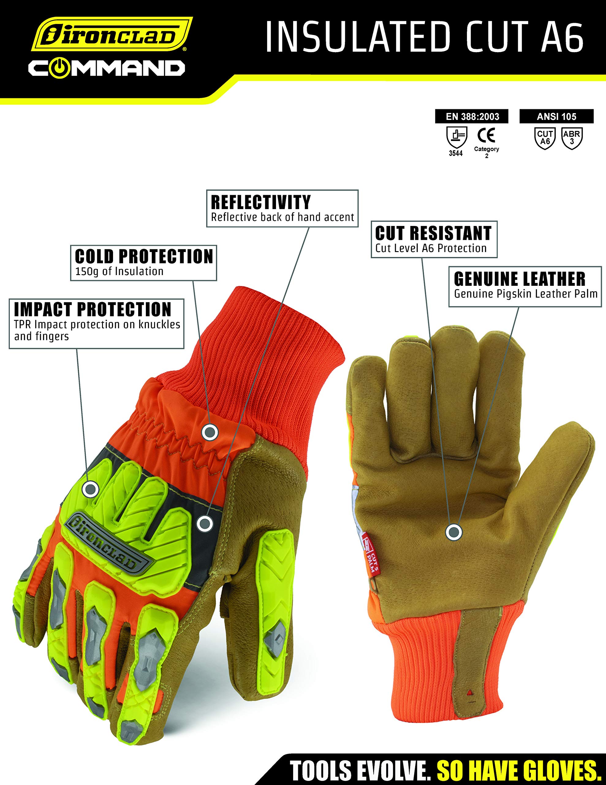 Ironclad Paire de gants de travail en cuir résistant aux coupures, résistants aux chocs, lavable en machine, tailles S, M, L, XL, XXL