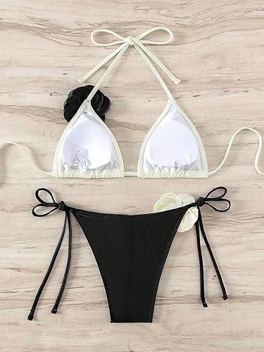 Miniatura 2 de OYOANGLE Conjunto de bikini de 2 piezas para mujer, con apliques florales, sin espalda, halter triangular, traje de baño con lazo lateral