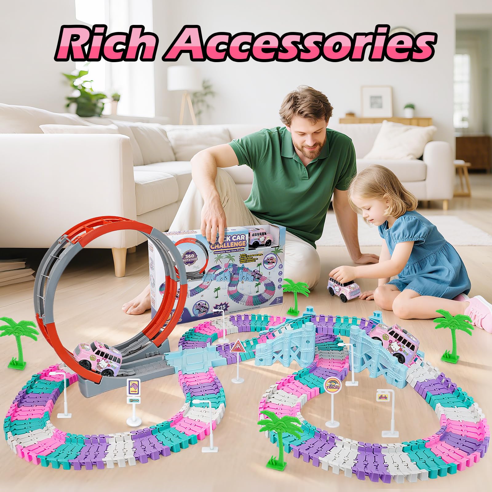 215 Pezzi Giocattolo Pista da Corsa 360° Bambini Macchinina Gatto Rosa | Flessibile Fai da Te Binari Da Assemblare, Regalo Compleanno Festa Favore Regalo Ragazzi Ragazze