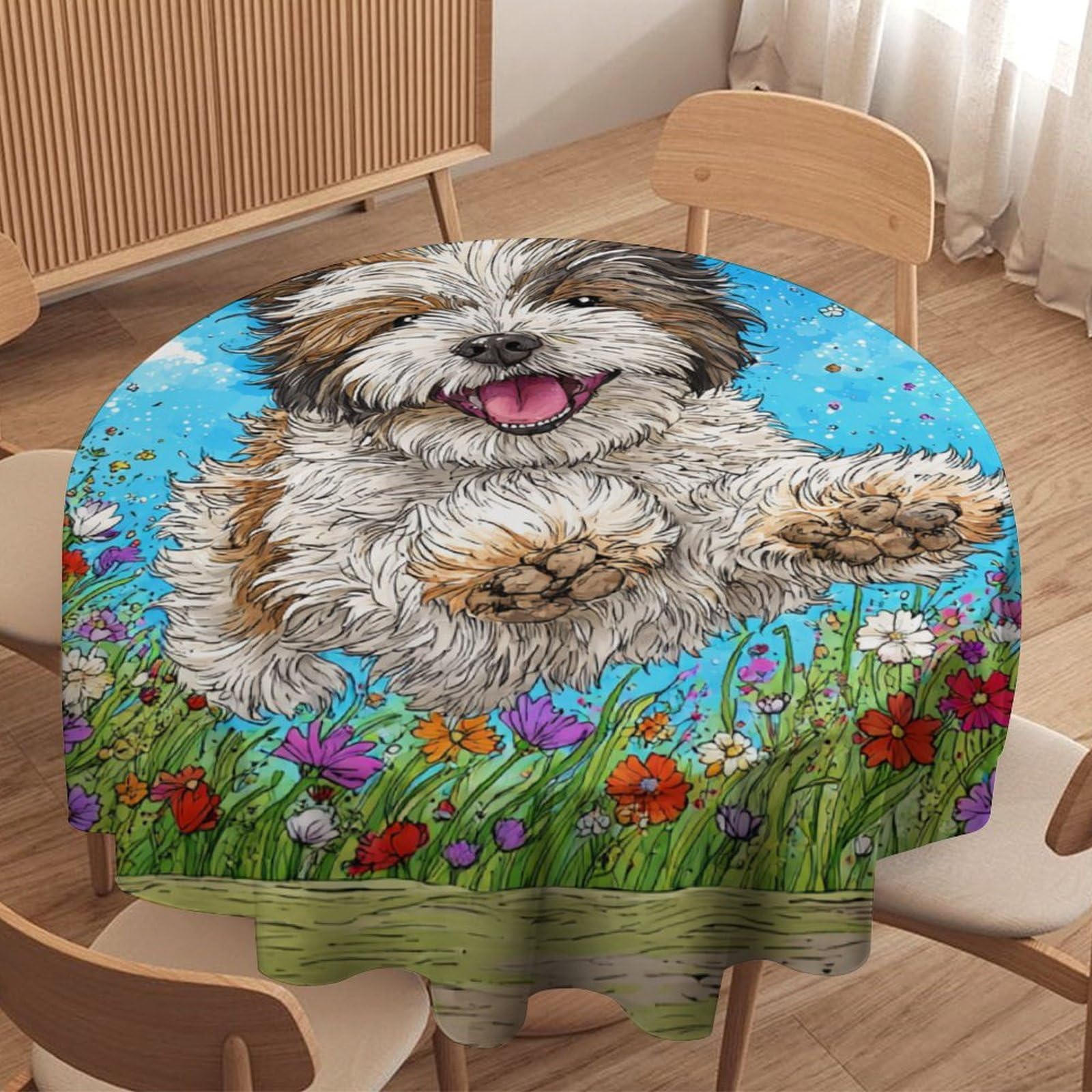 LUYYSKY Cute Rustic Puppies Round Tablecloth Modern Aesthetic Natural Spring Garden Plant Flowers Animals Dogs Washable Decor for Table Cover for Kitchen-152.4" Wx152.4 L cm