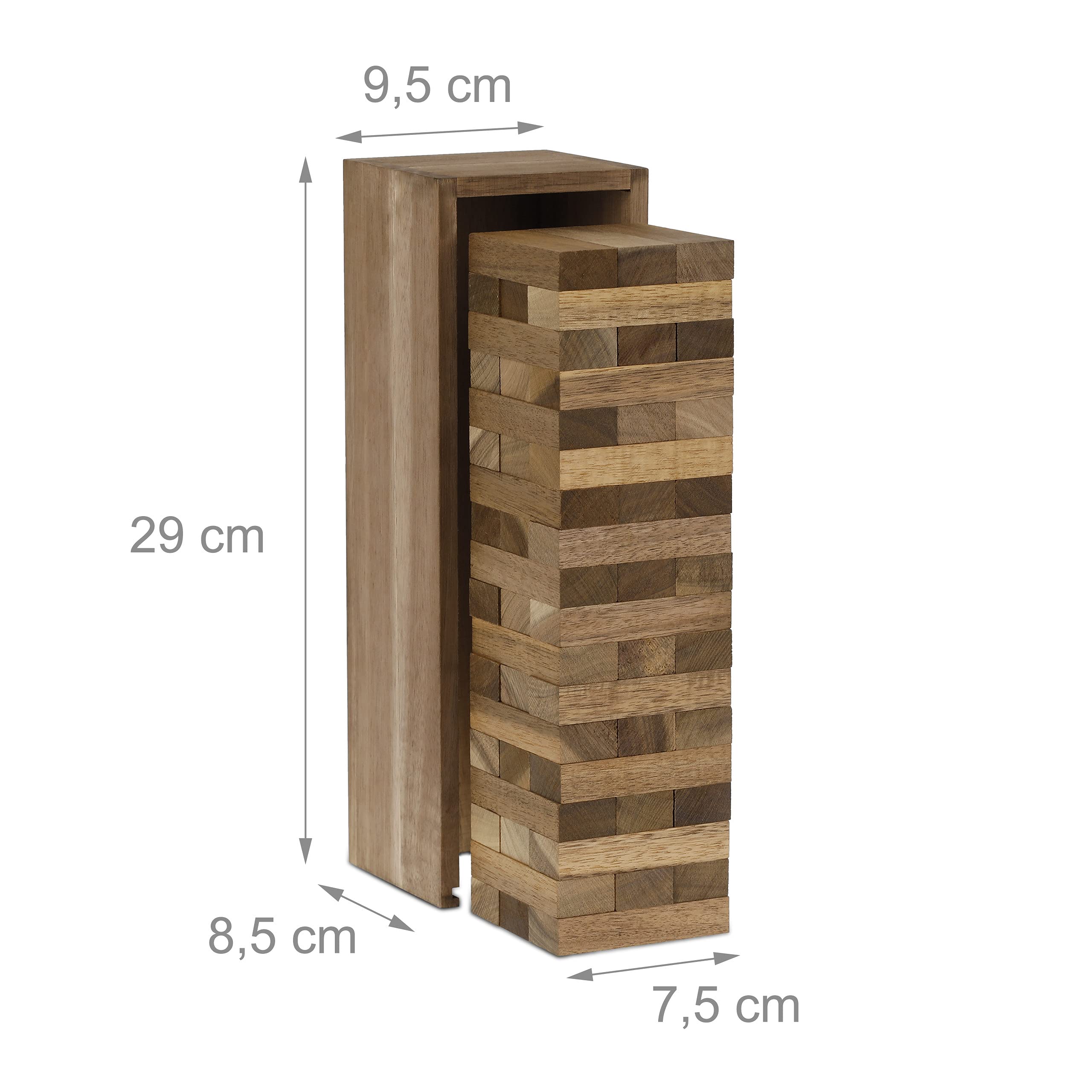 Relaxdays Wieża ruchoma 54-częściowa, z drewnianą skrzynką, do zabawy dla dzieci i dorosłych, drewniana wieża, wys. x gł.: 29 x 9,5 x 8,5 cm, kolor naturalny
