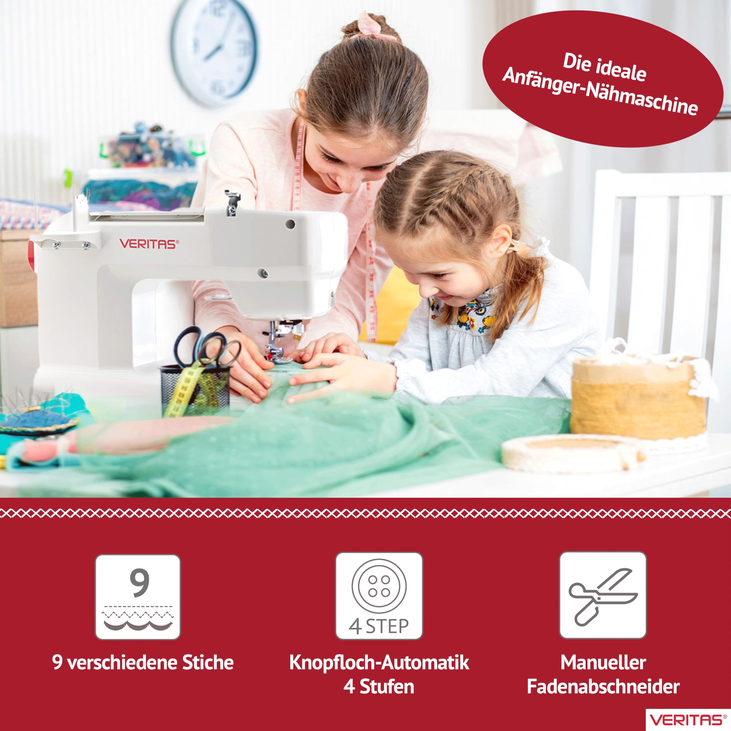 VERITAS Nähmaschine Laura I 9 Stichprogramme I Einfädelhilfe I Auto-Fadenspannung & Fadenabschneider I Einstellbare Stichlänge I LED-Nählicht
