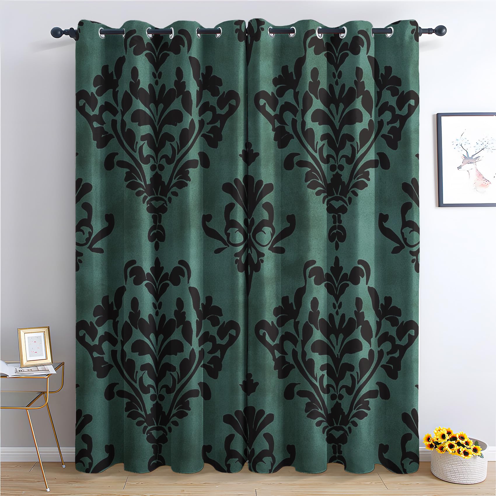 zcwl Damask Black Green Curtains for Bedroom Living Room, Baroque Patterned Blackout Curtains, Thermal Insulated Eyelet Curtain, 72 Drop Window Treatments Drapes, 66x72 Inch (W x L), 2 Panels