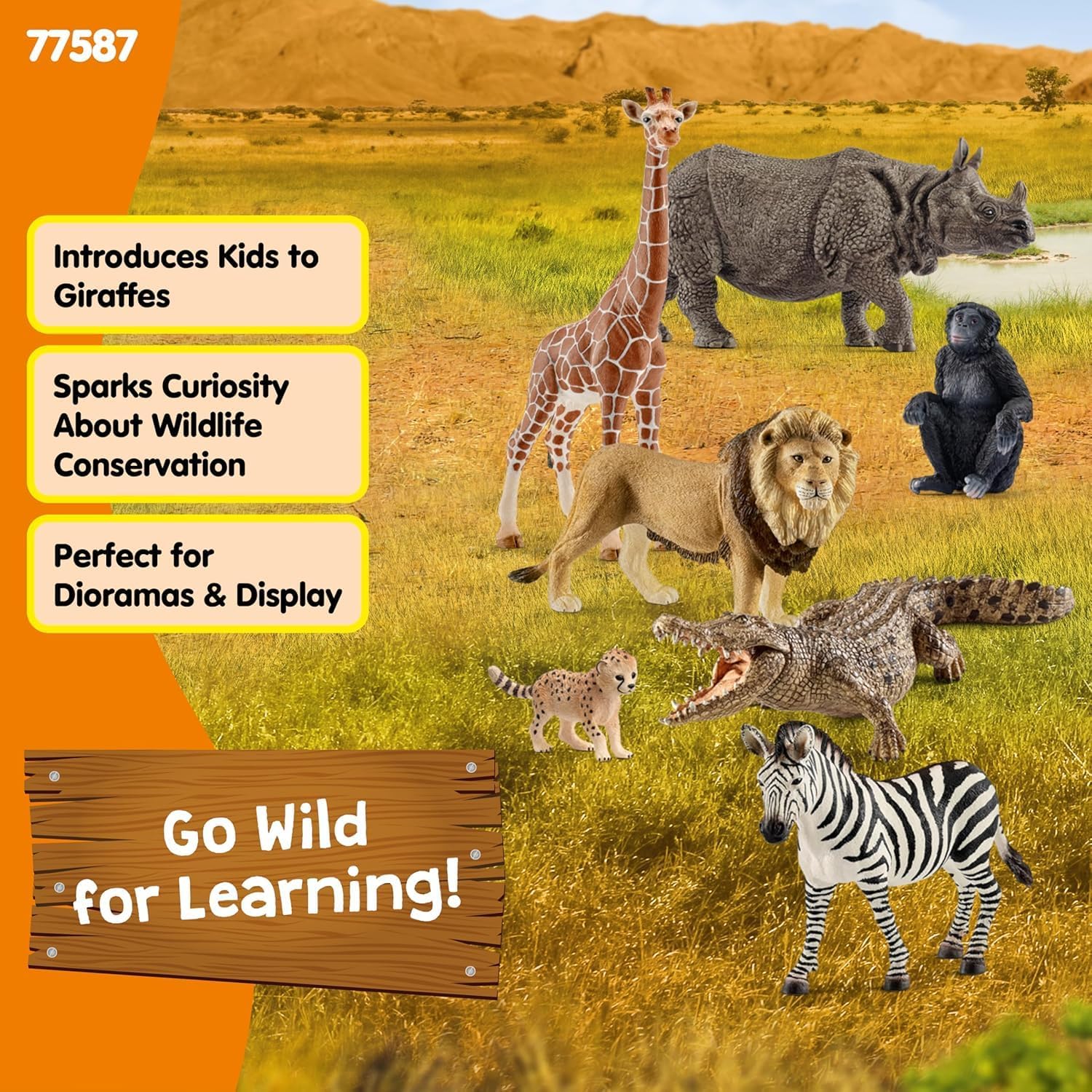 Schleich Wild Life - 7PC Savannah Animal Toy Bundle - Safari Toy Set with Rhino, Crocodile, Cheetah Cub, Monkey, Elephant, Zebra, Giraffe, Lion Figurines - Educational Play for Kids 3+ | 77587