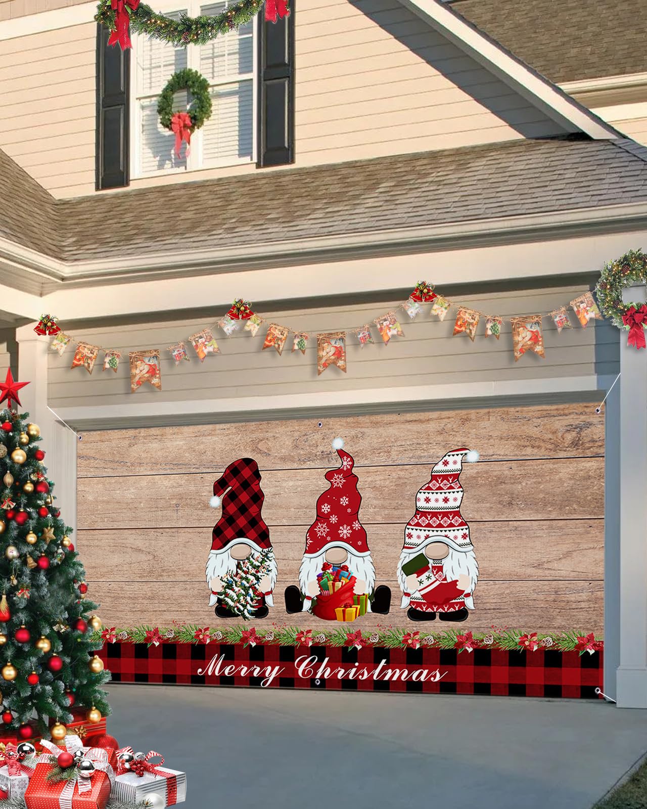 Halloween Christmas Garage Door Decorations with Grommets Garage Backdrop Reusable Banner Cover Indoor Outdoor Decor(84x192'',Christmas Gnome on Rustic Wooden Planks Black Red Buffalo Check Plaid)