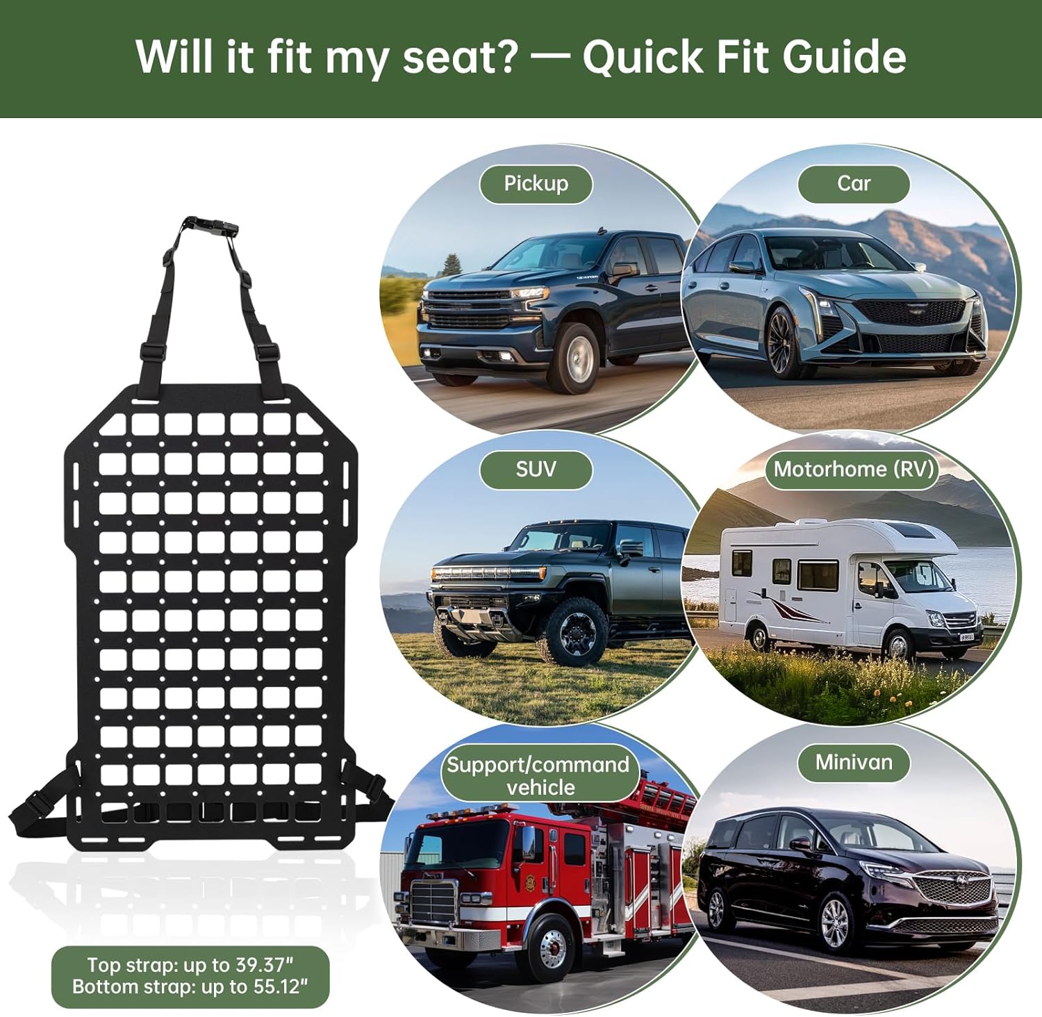 Tactical Car Seat Back MOLLE Panel with Sun Visor Organizer, Rigid ABS Engineering Plastic MOLLE Panel for Truck & SUV, Includes 1 Utility Pouch, Tactical Back Seat Car Organizer