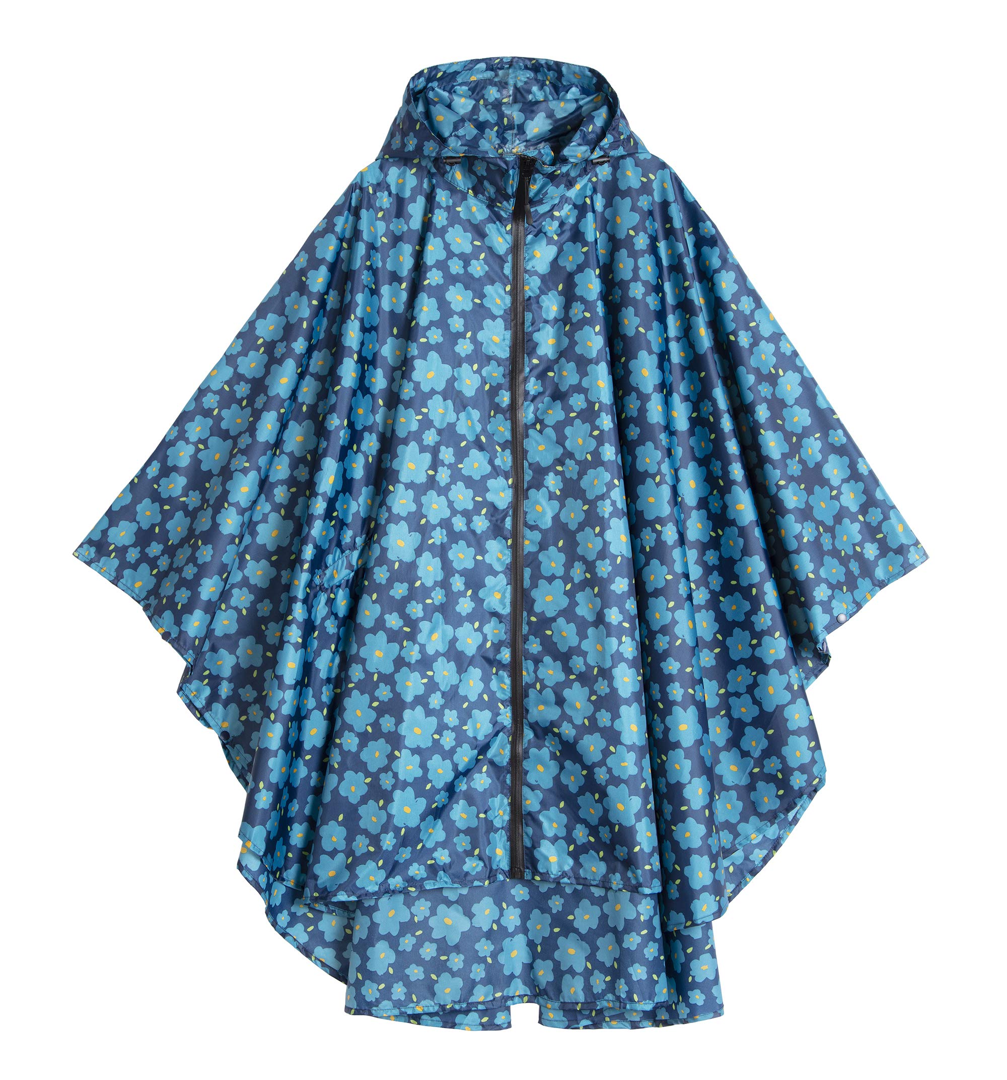 Women's Rain Poncho Stylish Waterproof Raincoat with Hood and Zip, Blue with flowers, One size