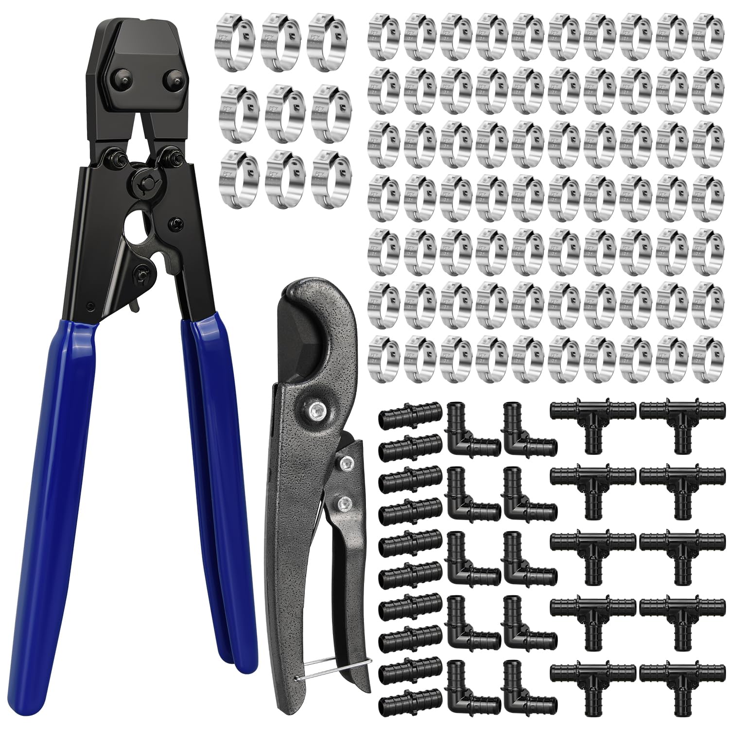 PEX Cinch Clamp Tool Kit, 3/8" to 1" PEX Pipe Clamp Cinch Tool with 30 pcs 1/2" PPSU PEX Fittings Combo, 1pcs Pipe Cutter, 70 pcs 1/2" PEX Cinch