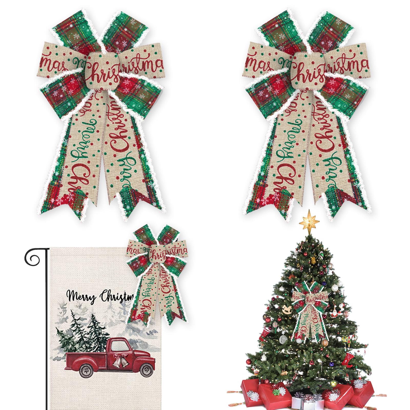 Glodecart 2PCS Merry Christmas Bow for Wreath, Burlap Red Green Plaid Wreath Bow for Christmas Décor Winter Bow for Front Door Indoor Outdoor Wall