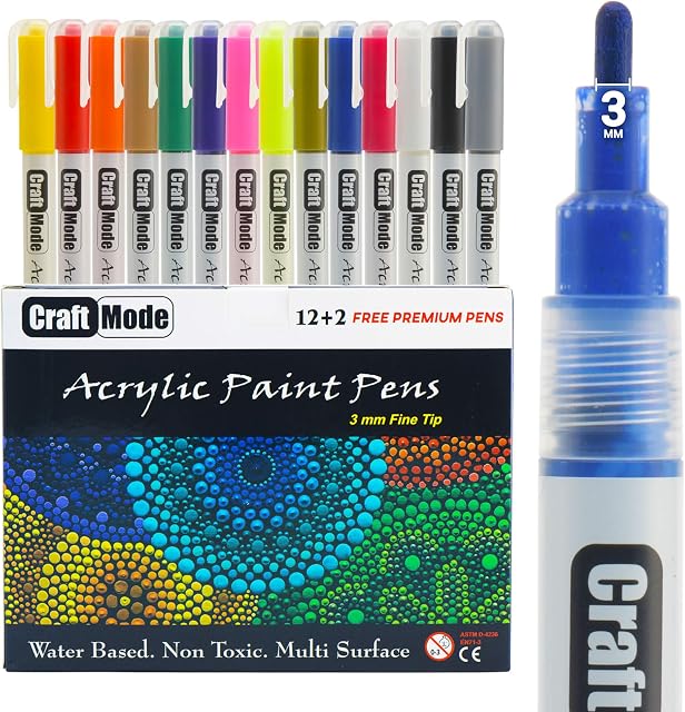 Craft Mode Acrylic Paint Pens Set of 14 Premium Colours Fine tip 3 mm Multi Surface Rock, Pebble, Wood, Ceramic, Canvas. Waterproof, Water Based