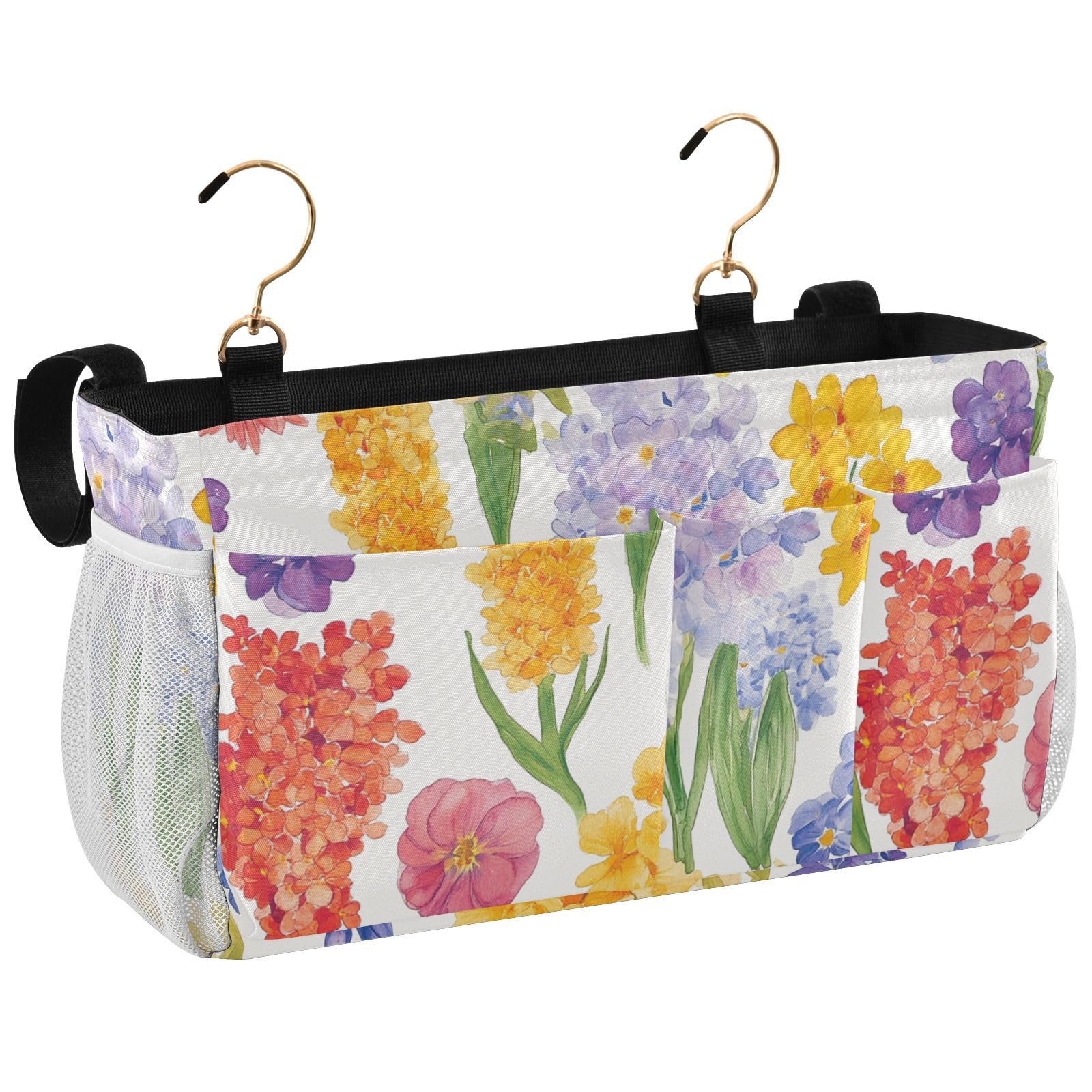 FRODOTGV Bedside Hanging Storage Basket Dorm Bed Bag for TV Remote Control, Phones, Magazines, Tablets, Accessories Florals Hyacinths Begonia Hyacinth White