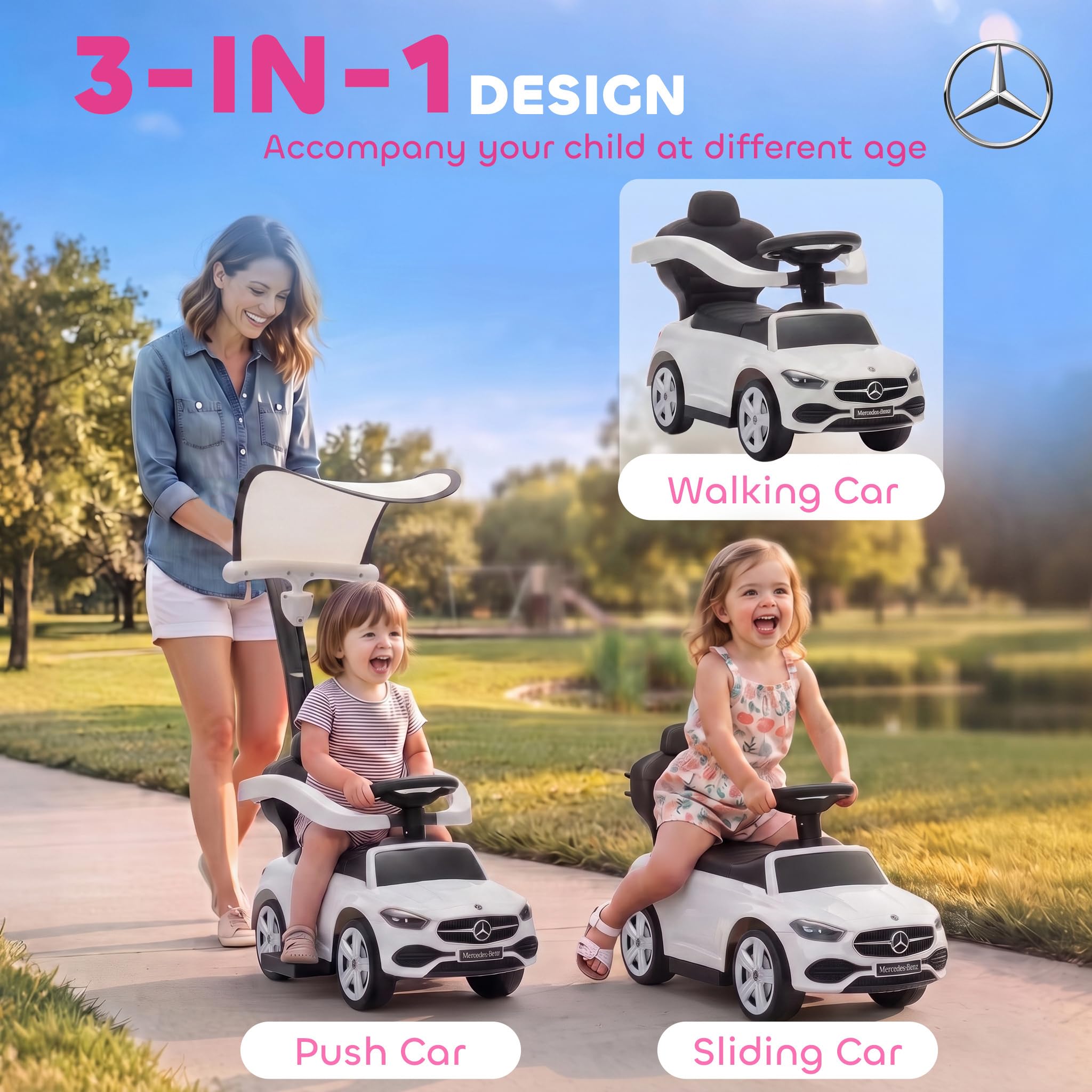 AIYAPLAY jeździk pchacz 3 w 1 Mercedes-Benz dla dzieci, z rączką do pchania, daszkiem, barierkami, klaksonem, muzyką i schowkiem, 12-36 miesięcy, biały