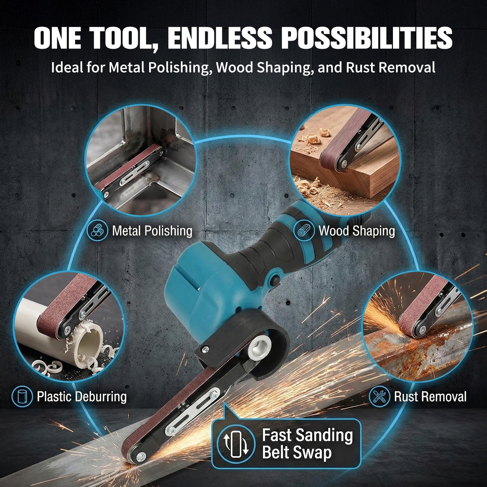 Ponceuse à bande électrique sans fil 7000 tr/min, avec 15 bandes abrasives (grains 80-1000) et 2 batteries au lithium de 16,8 V, pour le travail des métaux, le travail du bois et les surfaces courbes