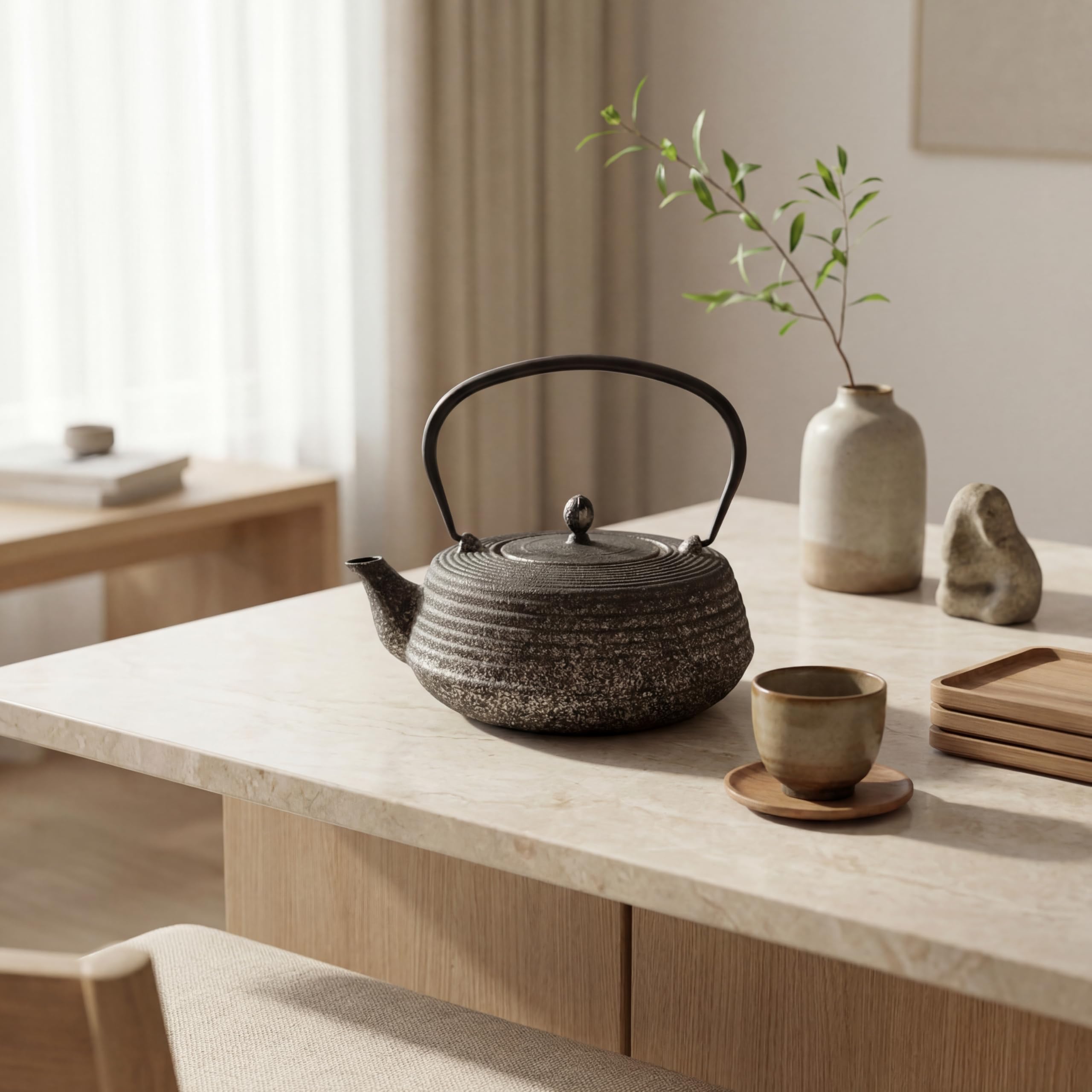 SO SKIN IDASY Théière en fonte japonaise 800 ml avec filtre inox, intérieur émaillé, garde la chaleur, design sobre et élégant, bronze patiné argenté