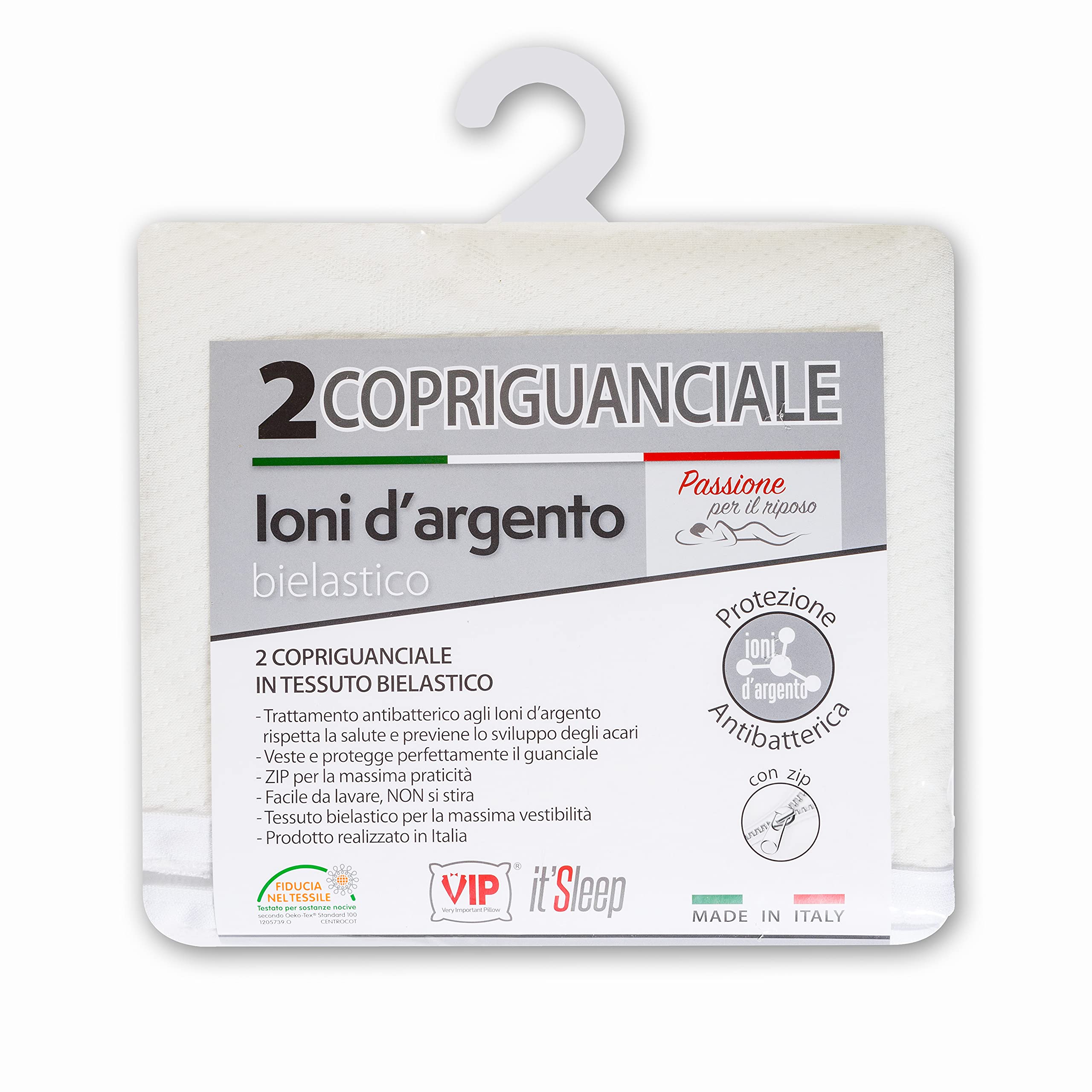 V.I.P. Very Important Pillow V.I.P. Pair Silver Ion Pillowcases with Zip for Pillow Cases 50 x 80 cm, Antibacterial Protection Made in Italy, Polyester, Bielastic Jacquard Fabric