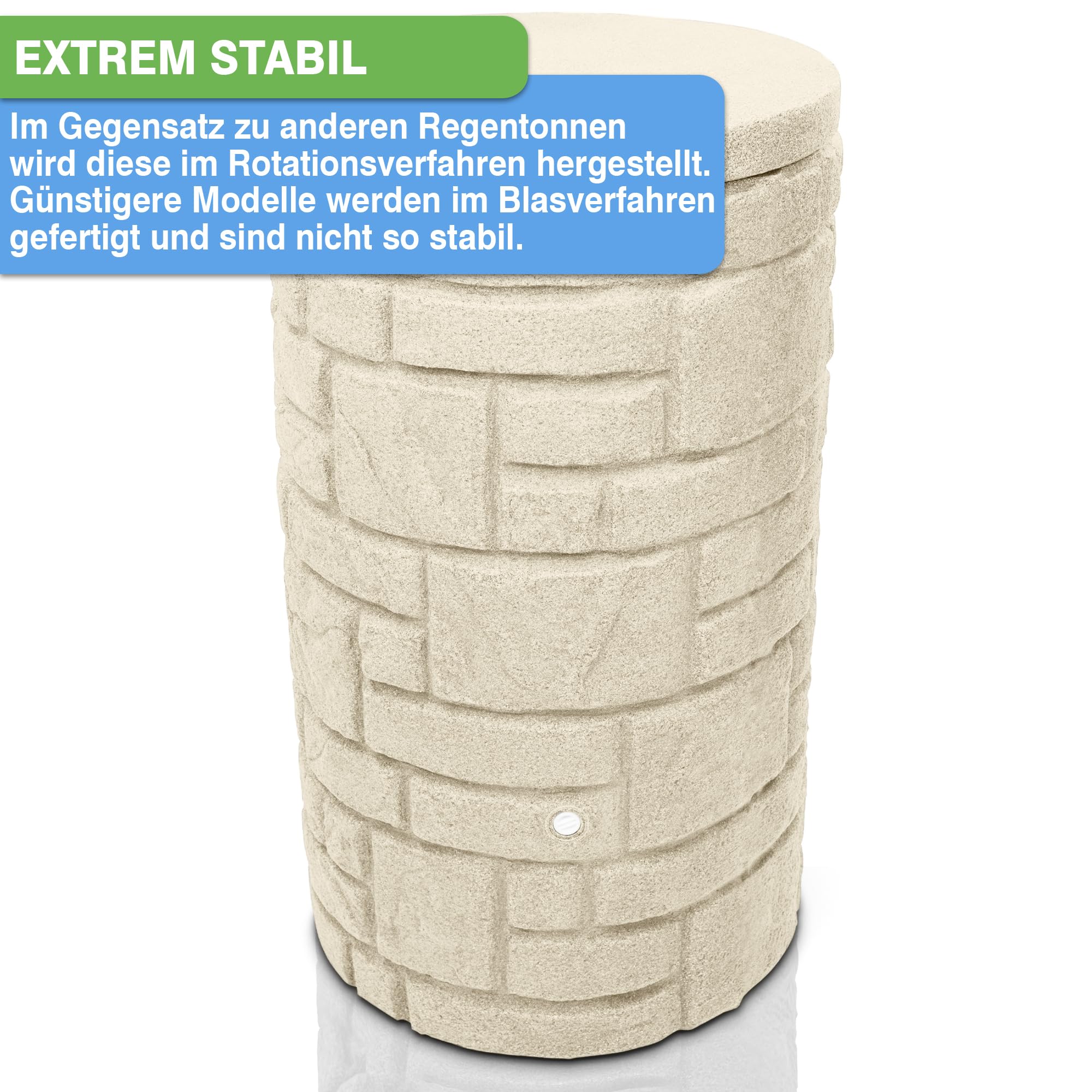 YourCasa Regentonne 230 Liter [StoneRain] mit Metallgewinde und Deckel in Steinoptik - Regenfass Frostsicher aus Kunststoff - Regenwassertonne - Regenwassertank Garten Wassertank Regensammler (Sand)