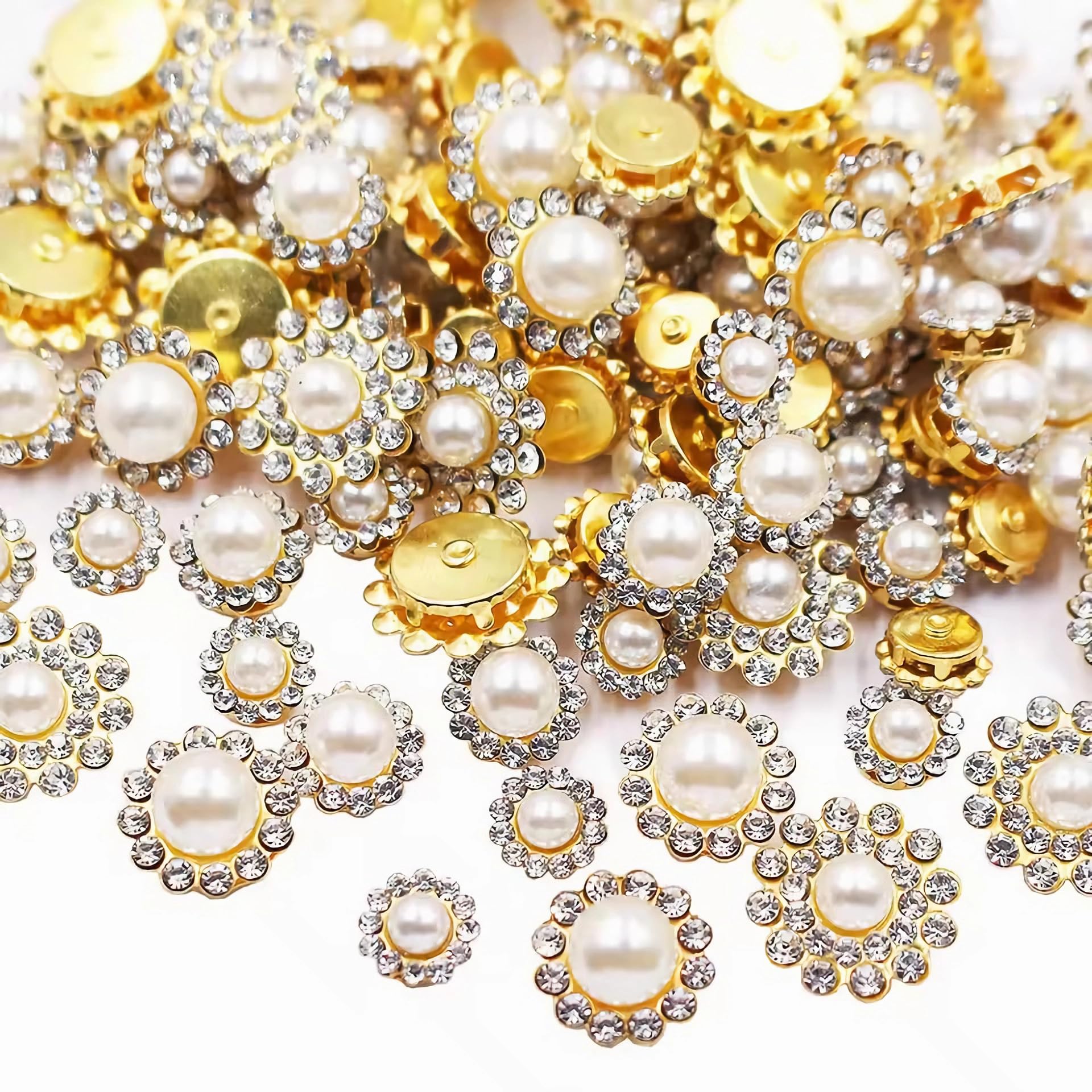 100pcs Sew on Pearls Rhinestones Crystal Gems Glass Sun Flower Jewelry with Gold Claw Mixed 8mm 10mm 12mm 14mm Sewing Flower Claw for Sewing Dress, Clothes, Shoes, Wedding Accessories(19 Pearl)