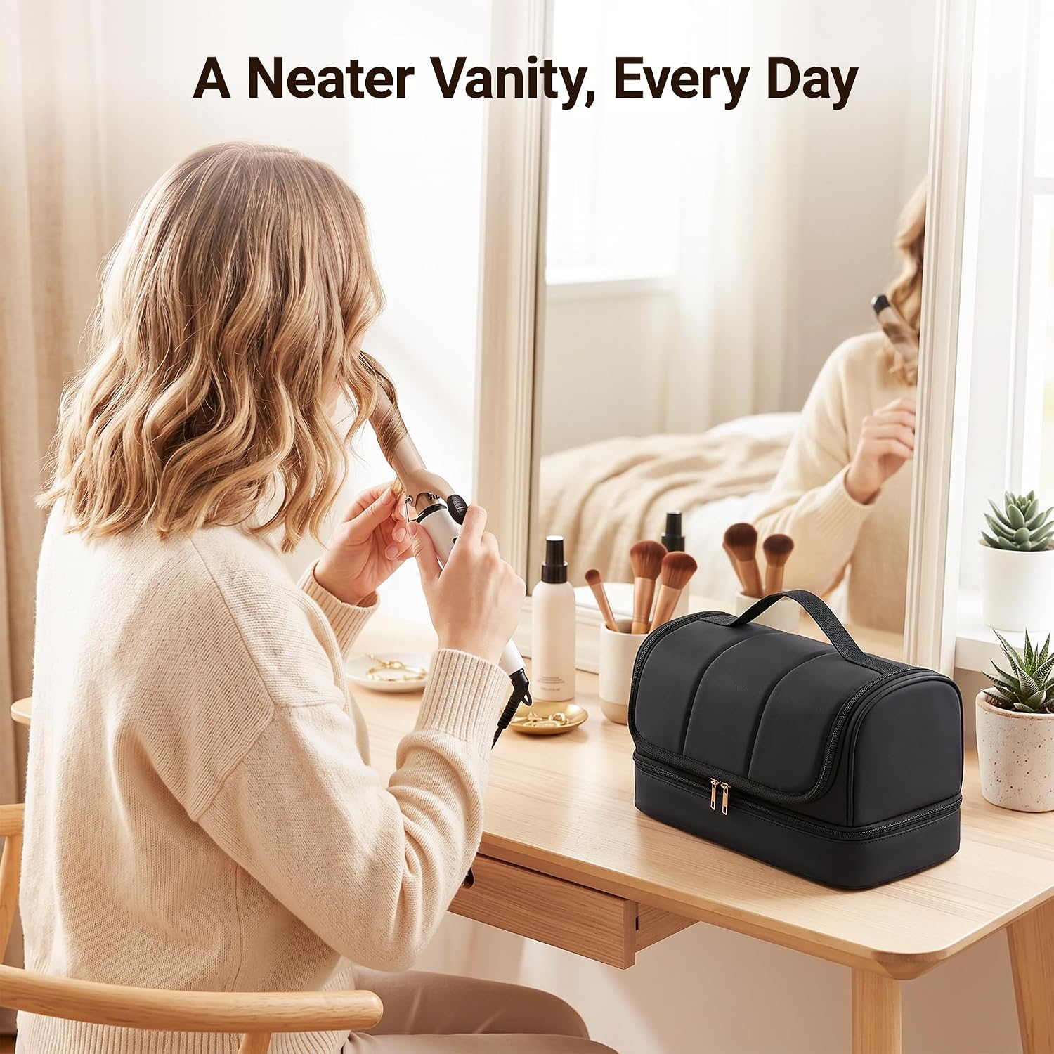 Hair Tool Organizer Compatible with Dyson Airwrap and Shark FlexStyle, Hanging Travel Case with Removable Divider, Water-Resistant Storage Bag for Multi-Stylers and Attachments, Black
