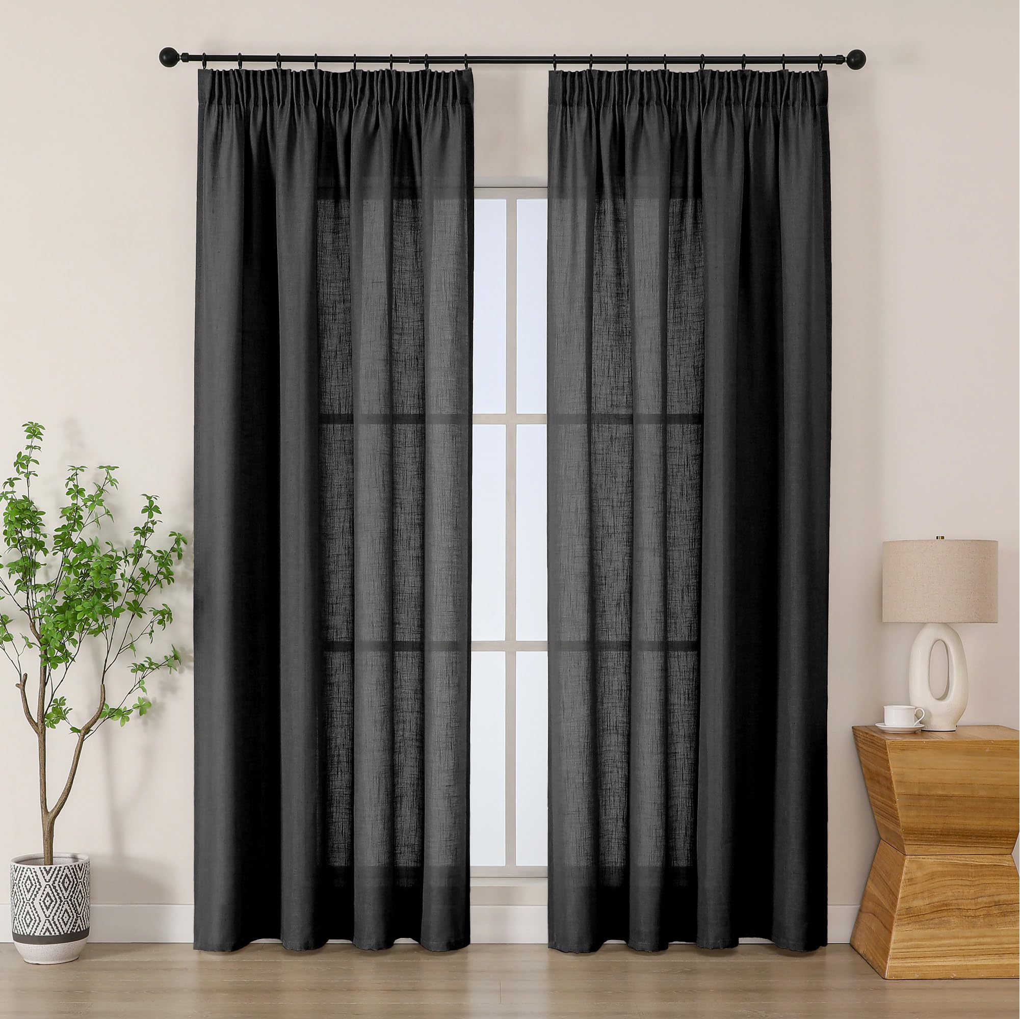 Simplebrand Black Linen Blend Pencil Pleat Curtains, Light Filtering Semi-Sheer Textured Window Drapes for Privacy, 2 Panels for Living Room, Patio Door & French Window, W140 x L220 cm