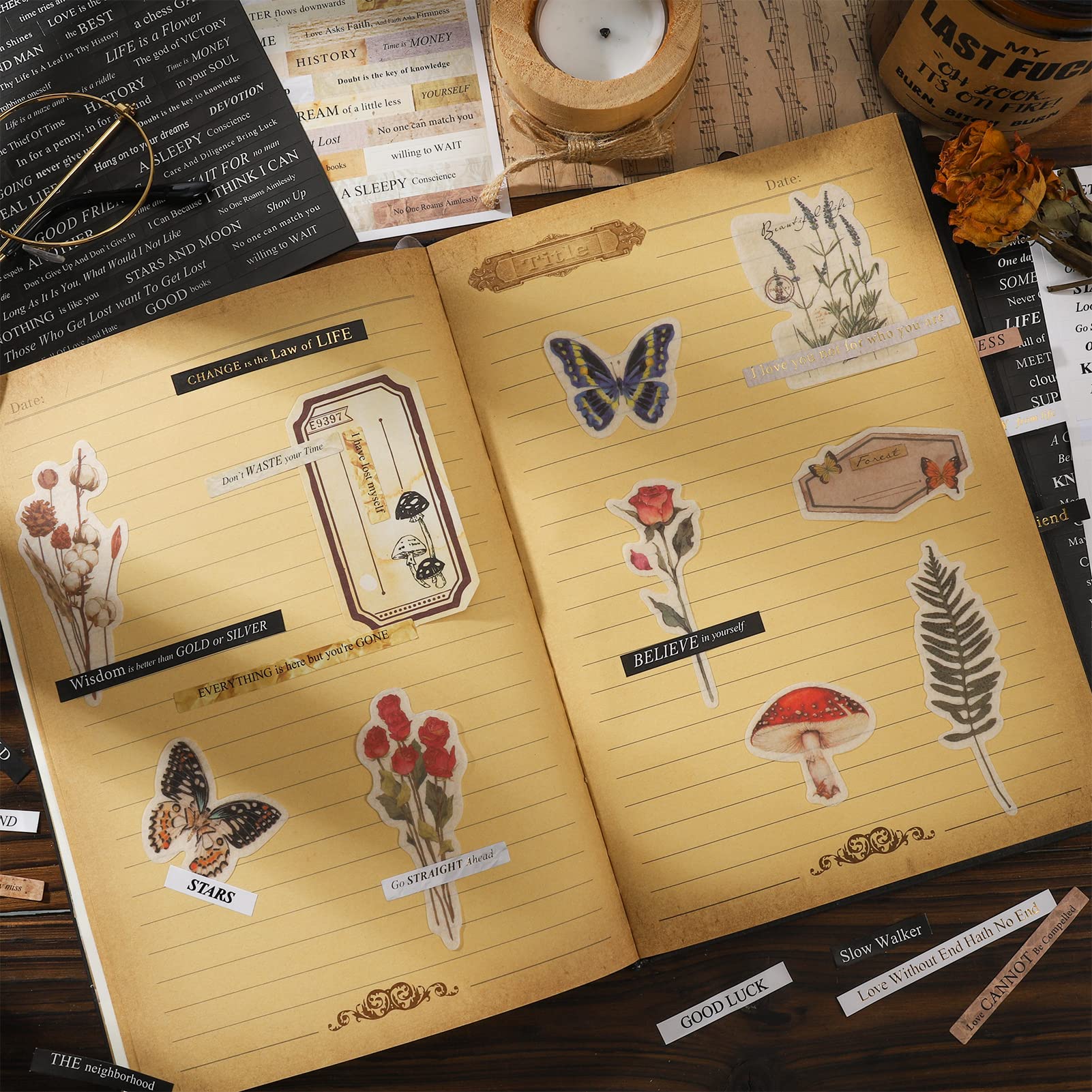 Vintage Sticker-Set Mit Sprüchen | 24 Blätter Scrapbooking Zubehör | Für Tagebuch & Collage