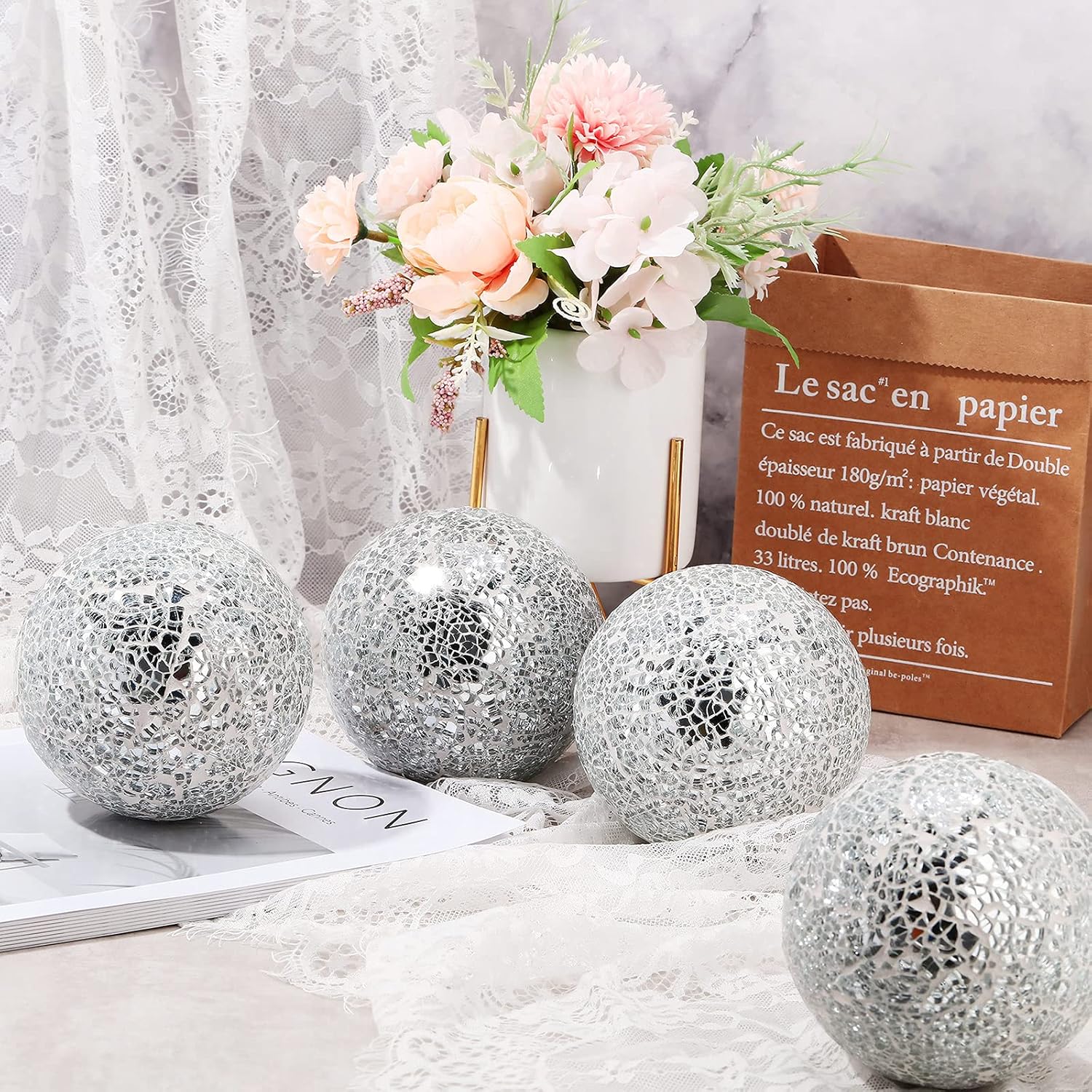 6 Pieces Mosaic Sphere Balls 4 Inch Decorative Glass Balls Decorative Orbs Table Centerpiece Balls Round Glass Ball Bowl Filler for Bowls Vases Dining Coffee Table Decor (Silver) : Home & Kitchen