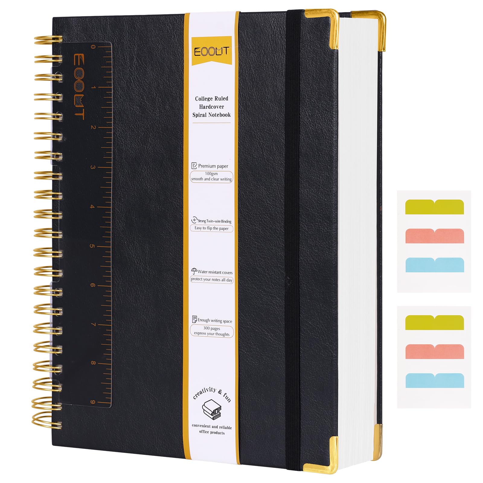 EOOUT Spiral Notebook 8.5” x 11”, A4 300 Pages Hardcover Leather Journals for Women Men, College Ruled Lined Notebooks with 100GSM Thick Paper, Spiral Journal for Work School(Black)