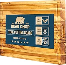 لوح تقطيع من خشب الساج المحبب متوسط الحجم للمطبخ، لوح تقطيع خشبي بسمك 17 × 13 انش مع اخدود عصير ومقابض (خشب الساج - حافة الحبوب، 3. متوسط - 17 انش × 13 انش × 1.5 انش)