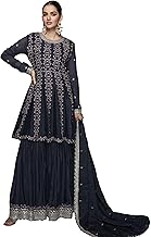 Miss Ethnik Women's Black Chinon Stitched Top with Stitched Chinon Bottom and Chinon Dupatta Full Sleeve Embroidered A-line Kurti (ME-1226)