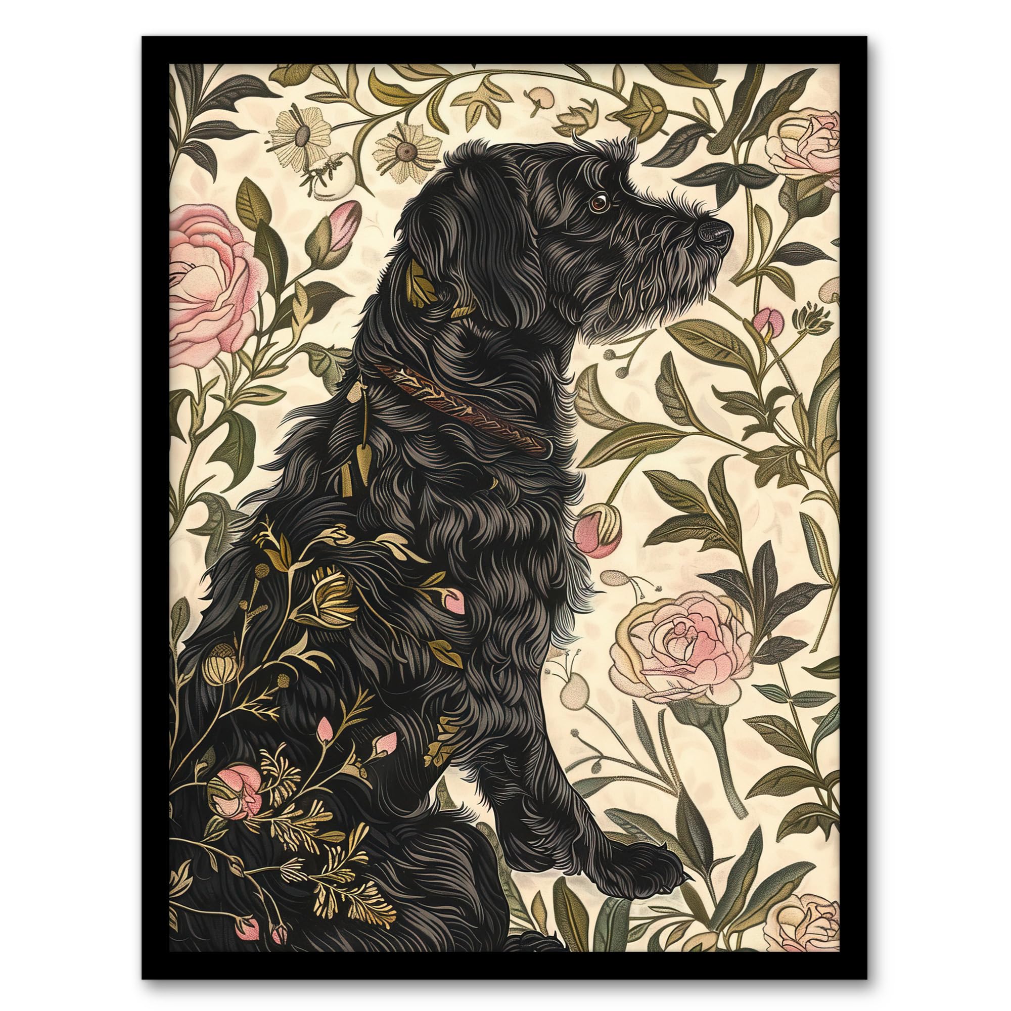 Artery8 Dog in Carnations Painting - Botanical Vintage Framed Art Print - A4 Size - Green