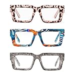 JM Oprah Style Reading Glasses for Women Men with Spring Hinge, Fashion Oversized Square Blue Light Blocking Readers 3 Pack 1.75