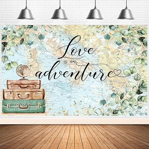 Love is an Adventure telón de fondo para fotografía Let The Adventure Begin, fondo temático de viaje, baby shower, despedida de soltera, decoración