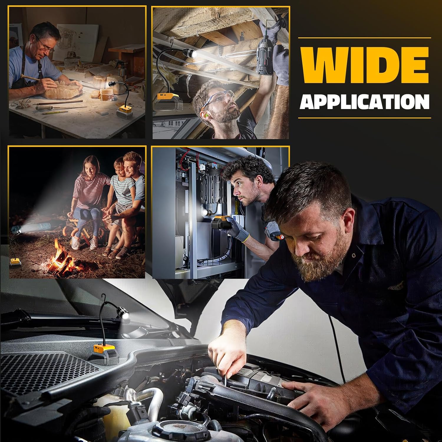 LIVOWALNY 2PCS LED Work Light Compatible with Dewalt 20V Battery, 20W 2000LM LED Flood Light, 12" Flexible Gooseneck, Flashlight with USB-A & Type-C Charging Port, Low Voltage Protection (No Battery)