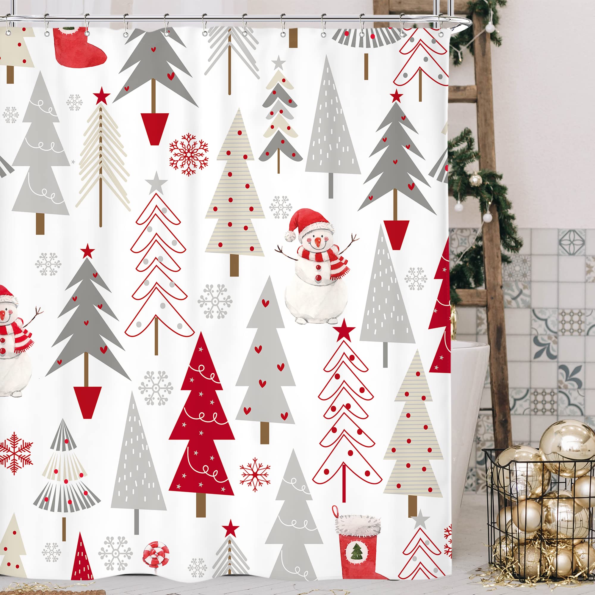 Riyidecor Merry Christmas Xmas Trees Shower Curtain 60x72 Inch Snowflake Snowman Winter Holiday New Year Farmhouse Cute Red Gray Kids Boys Girls Dorm Decor Fabric Bathroom Set Polyester Waterproof