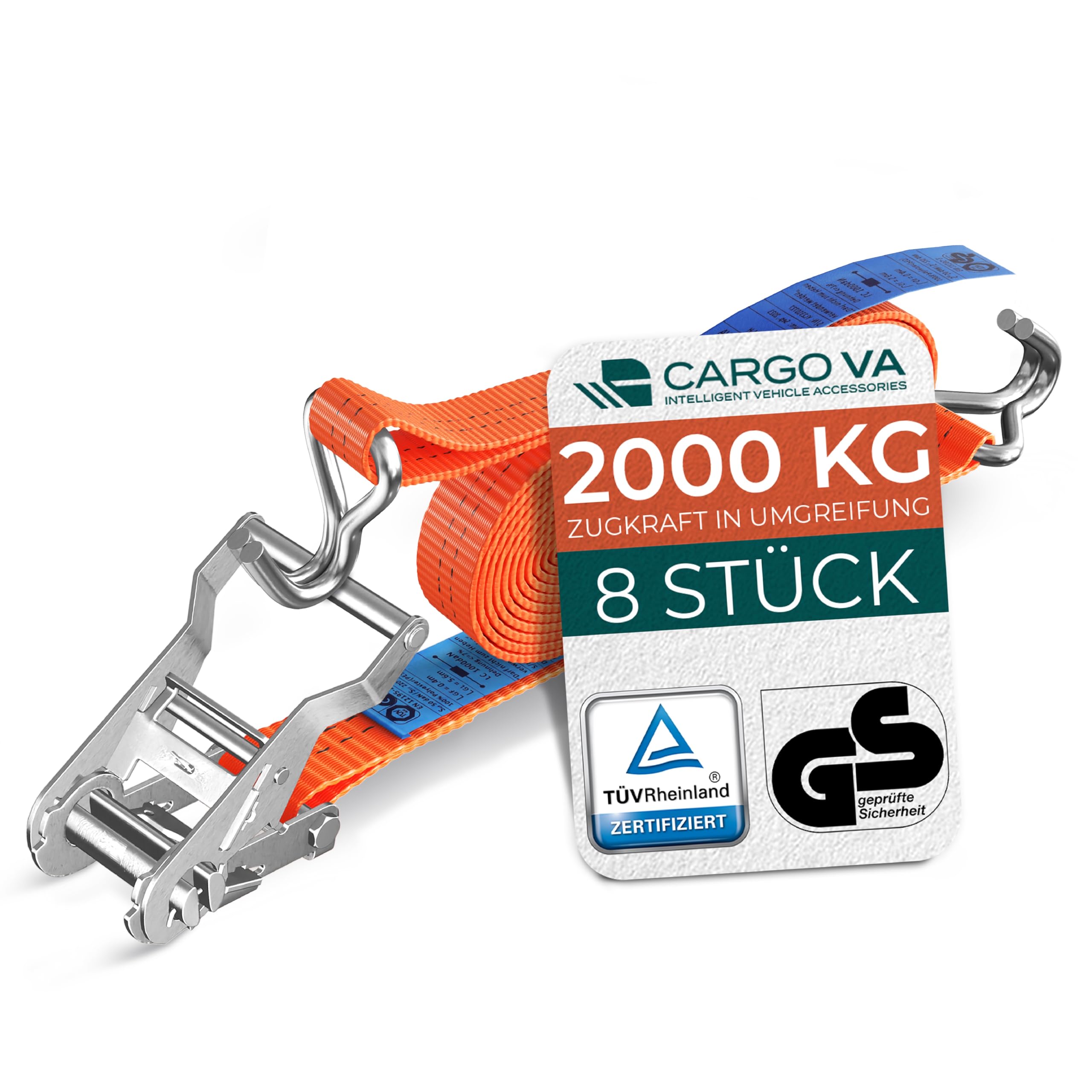 Pasy mocujące do dużych obciążeń z grzechotką, 2000 kg, 4 m, 35 mm, TÜV/GS (DIN EN 12195-2) – pasy mocujące z hakami w profesjonalnej jakości [zestaw 8 sztuk]