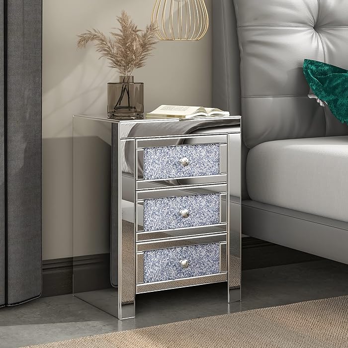 Buy IKIFLY Mirrored Crystal End Table w/3 Drawers Mirror Accent Side