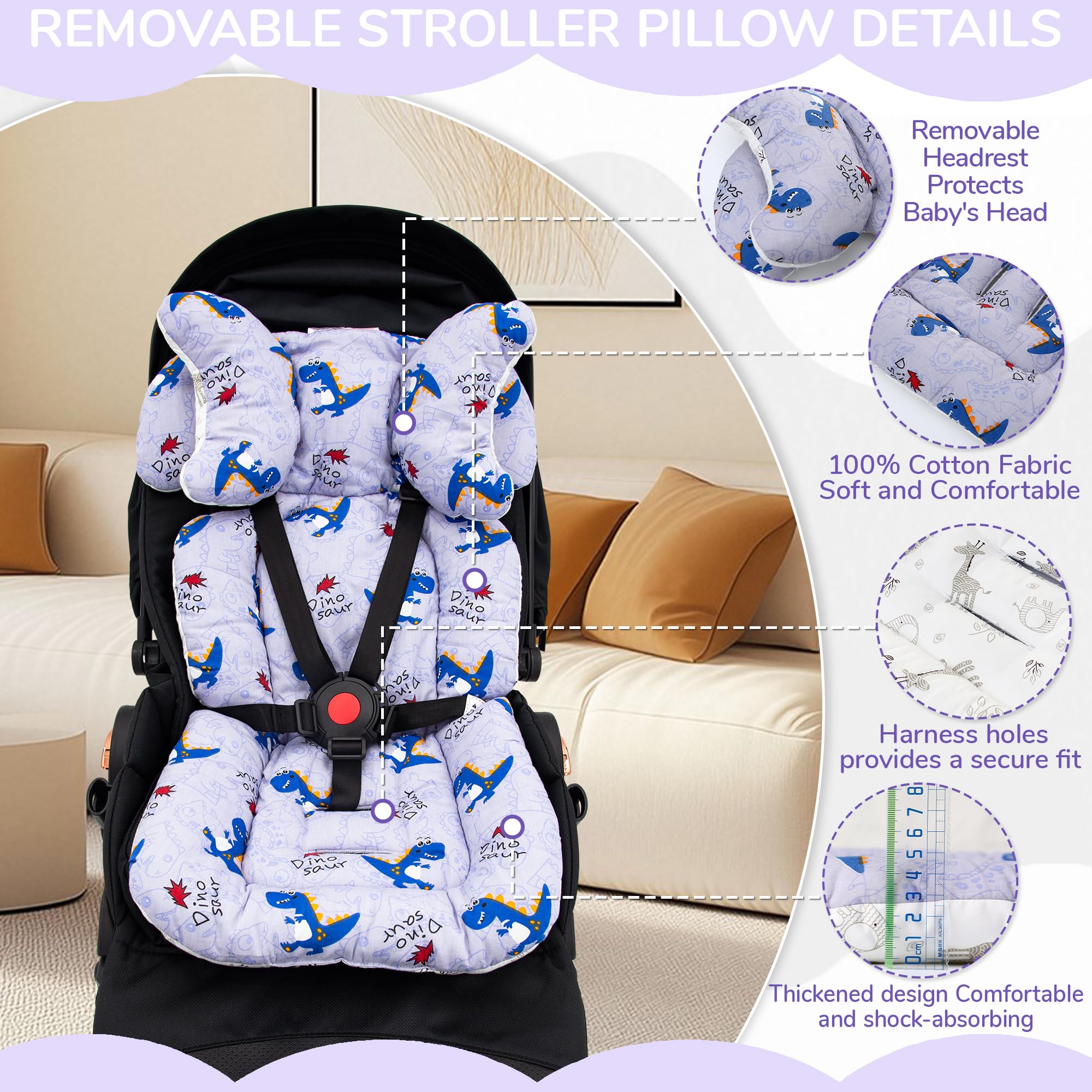 Baby Pushchair Seat Liners,1 Pack Removable Stroller Cushion Seat Liner,Universal 100% Cotton Pram Insert Pad,Pushchair Seat Covers Thick for Pram Buggy Baby Carriage,Toddler Infant(Dinosaur+Giraffe) - Image 4