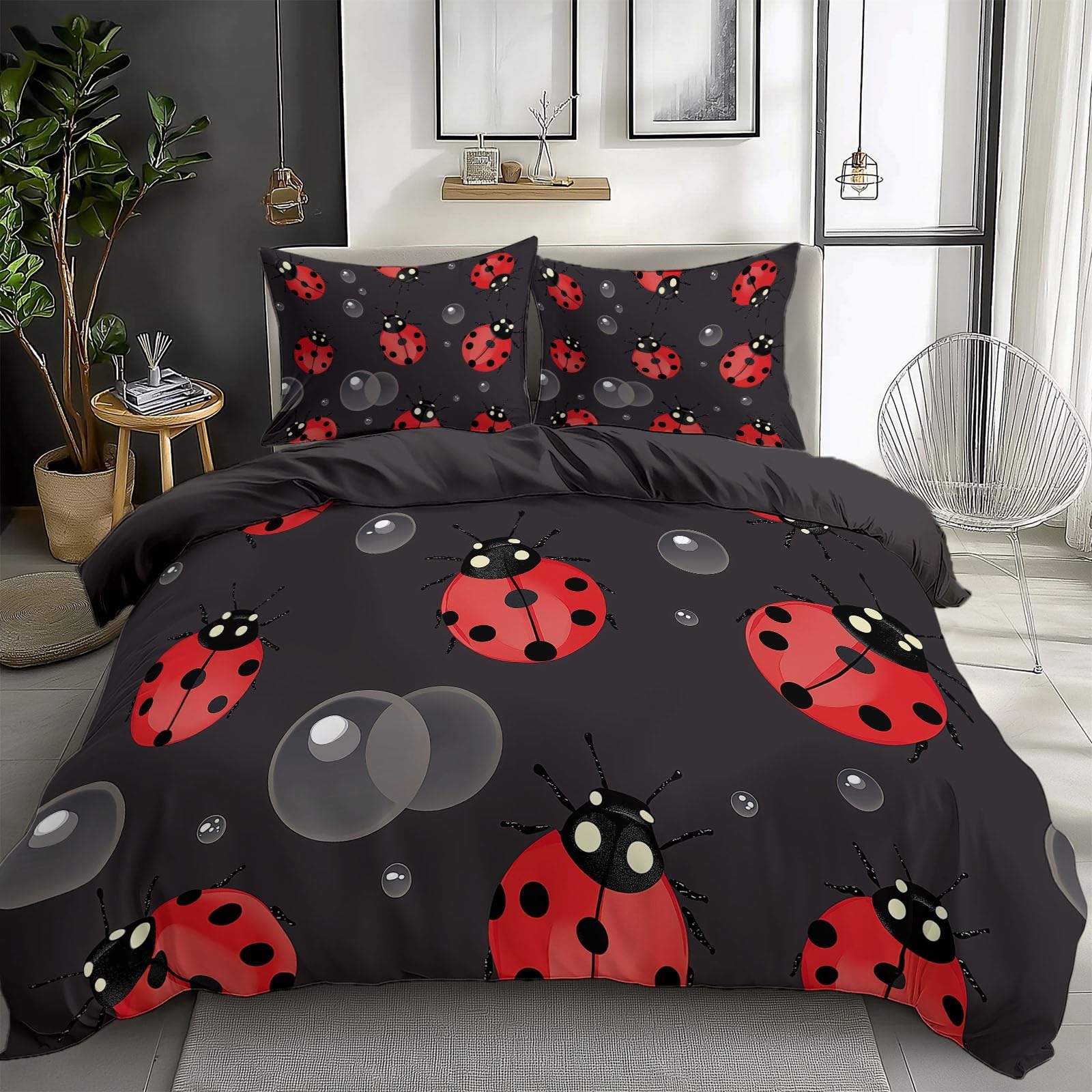 California King Duvet Cover Cartoon Red Ladybug Cal King Bedding Duvet Cover Set, 3 Pieces, Soft and Breathable Comforter Cover with 2 Pillow Shams, for All Season