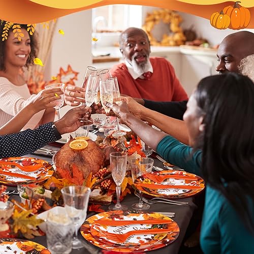 Miniatura 6 de Juego de 180 platos y servilletas de papel de Acción de Gracias desechables para 30 invitados, platos de papel, servilletas, tenedores de plástico,