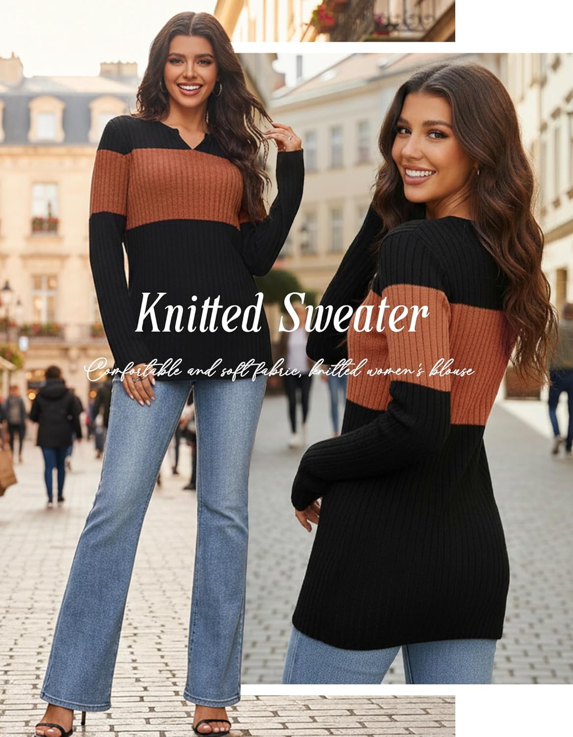 Women Sweater Color Block Long Sleeve 2026 Spring Stylish V Neck Pullover Knit Casual Loose Fit Lightweight Top - Image 5