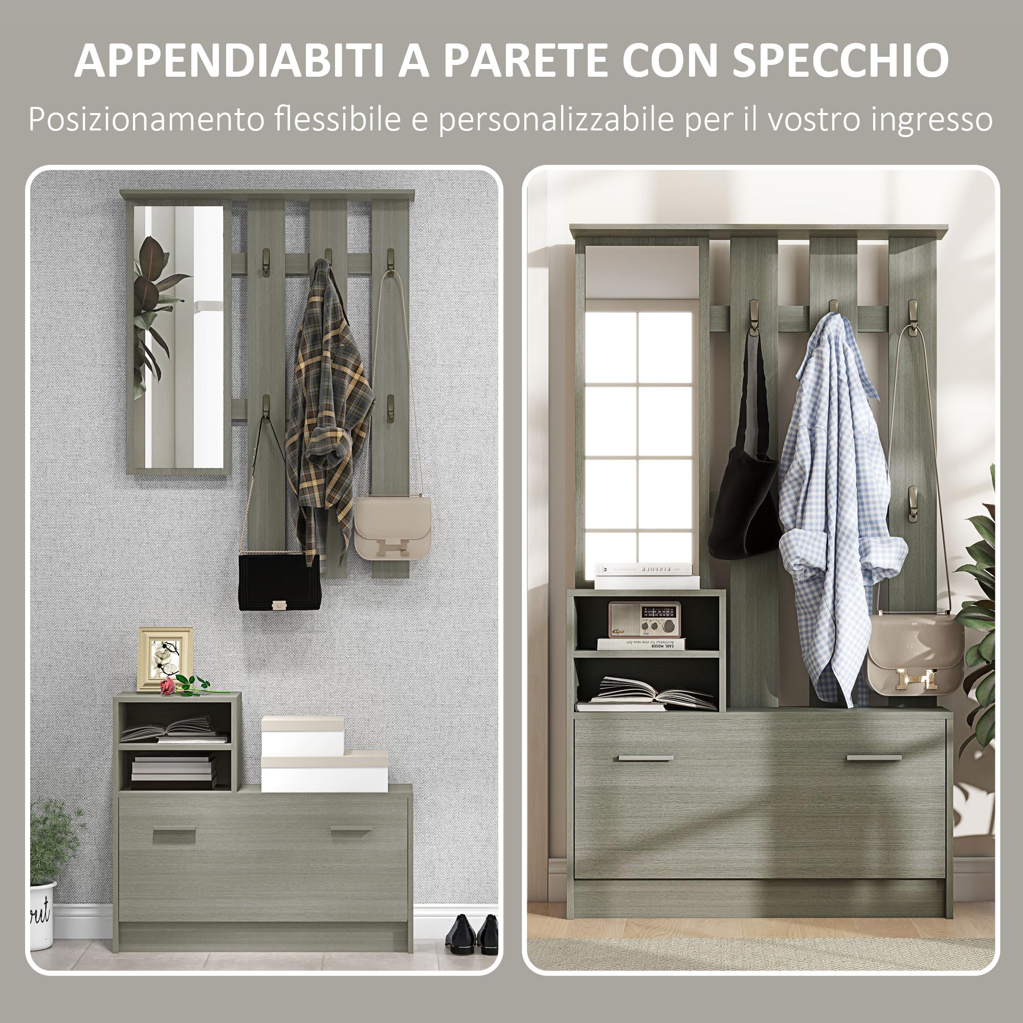 HOMCOM Set 4 in 1 Mobili da Ingresso con Appendiabiti, Specchio, Panca con Scaffale e Scarpiera per 8 Paia di Scarpe, Grigio
