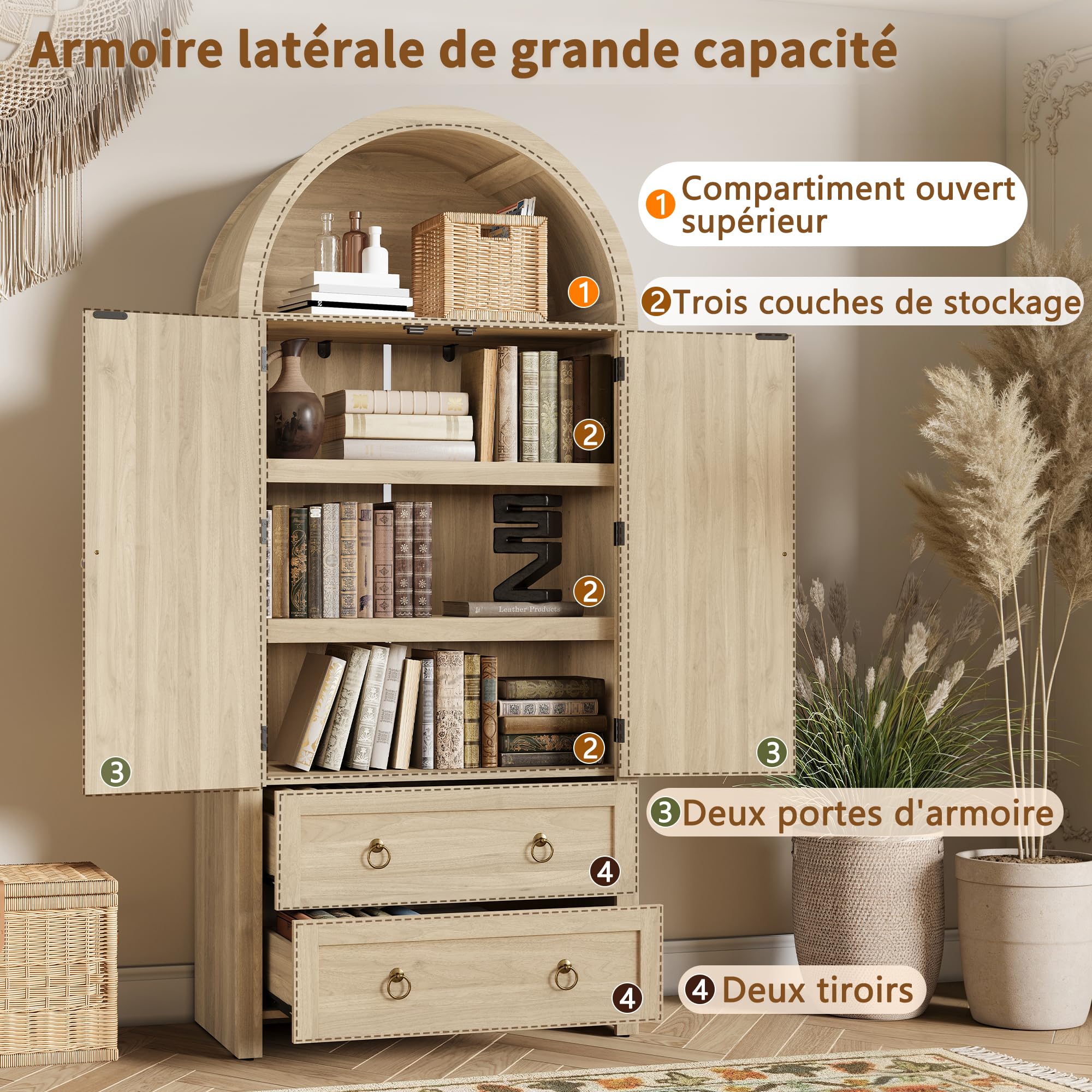 Zepneiy Buffet Salon et Chambre avec 2 Tiroir, Meuble de Rangement avec 2 Portes, Buffet Bois en Rotin Vintage, Étagères Réglables, Chêne