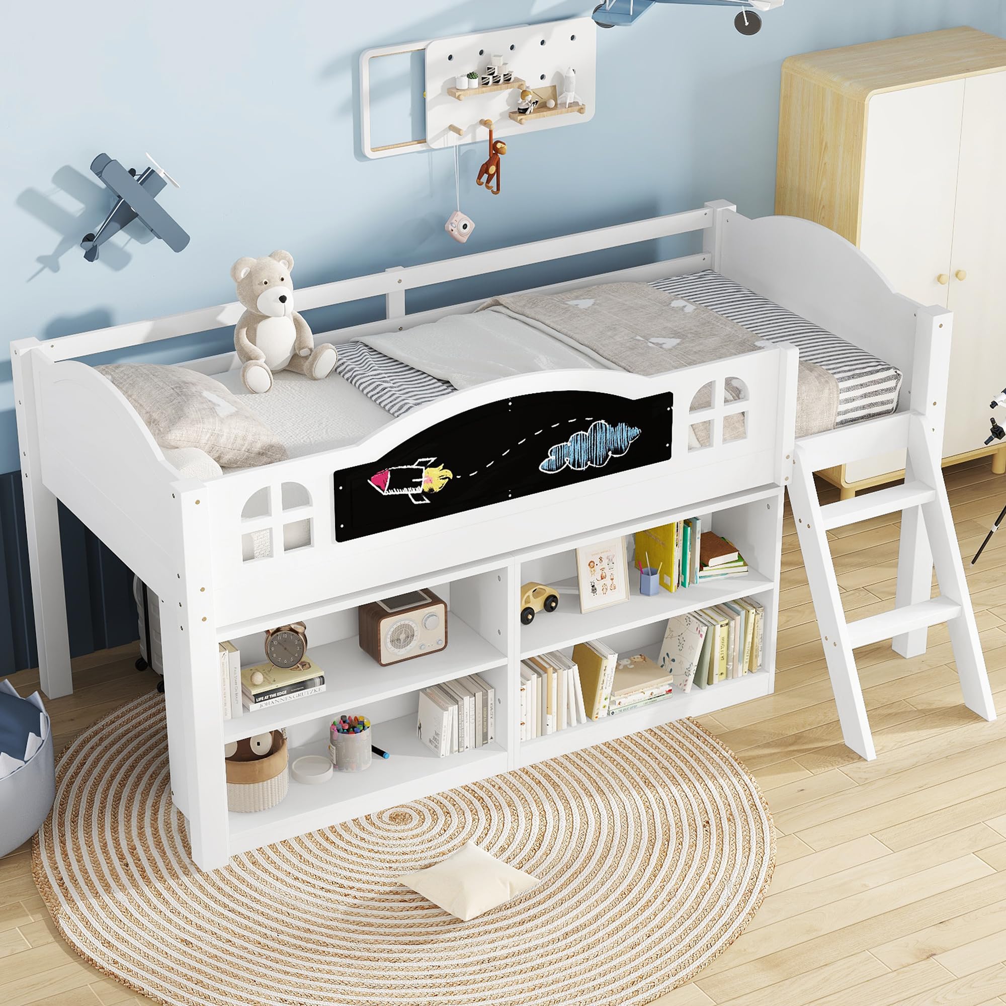 Ball & Cast Kids Single Bed Children's Mid Sleeper Bed Wooden Storage Cabin Bed Frame, with 2-Step Ladder,Storage Booksheves,a Blackboard for graffiti,Safety Guardrail, White, 90 x190 cm