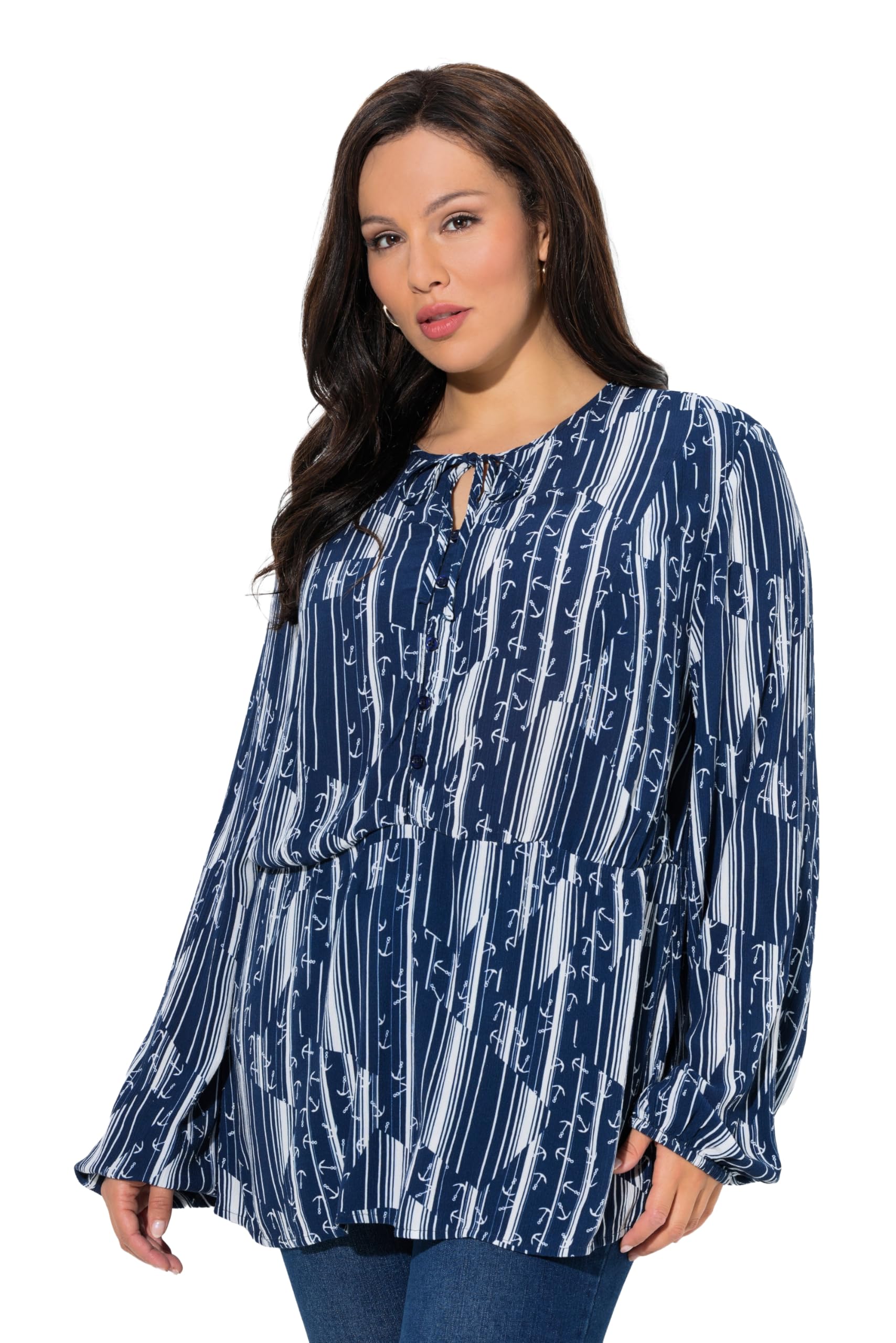 Ulla Popken Damen große Größen Übergrößen Plus Size Bluse, Anker, A-Linie, Rundhals, Langarm 845803
