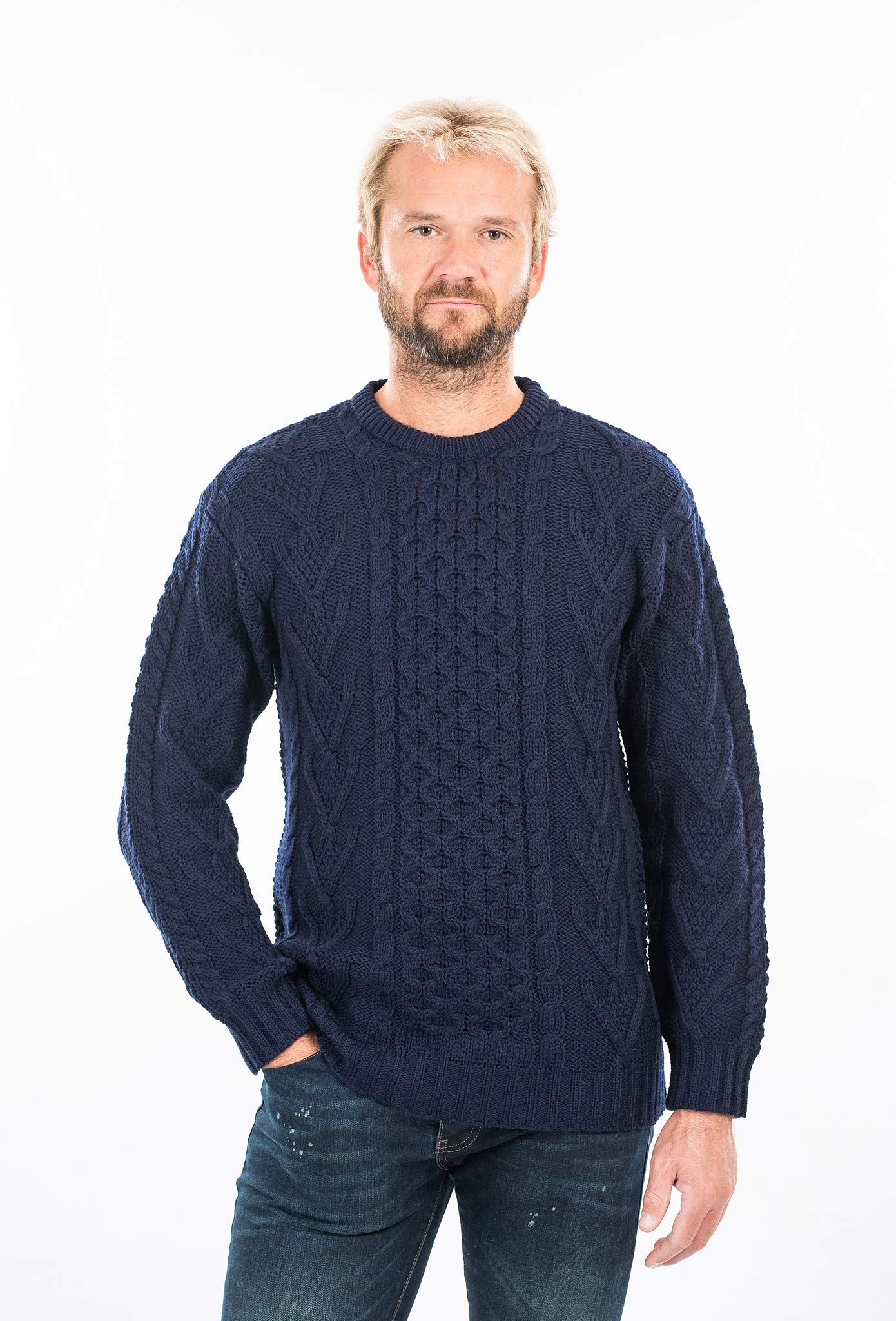 SAOL100% Merino Wool Men's Irish Traditional Aran Crew Neck Cable Knit Sweater Pullover