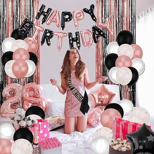 Miniatura 12 de Decoraciones de fiesta de oro rosa y negro – Cartel de feliz cumpleaños, globos, cortinas de flecos, mantel y decoración de pastel para niñas de 1